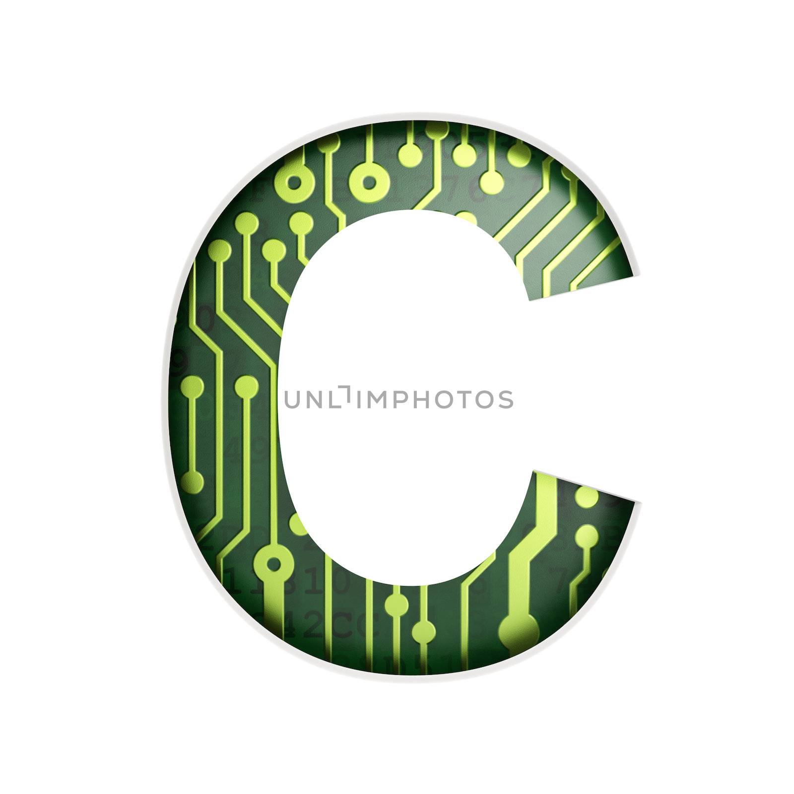 Electric curcuit board letters and numbers collection: C isolated on white background, 3D render