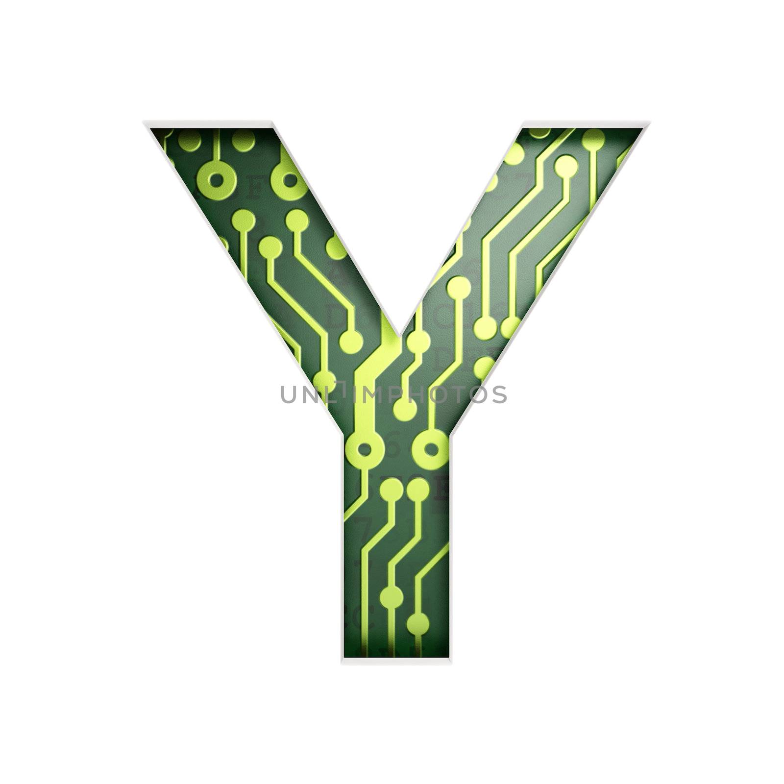 Electric curcuit board letters and numbers collection: Y isolated on white background, 3D render