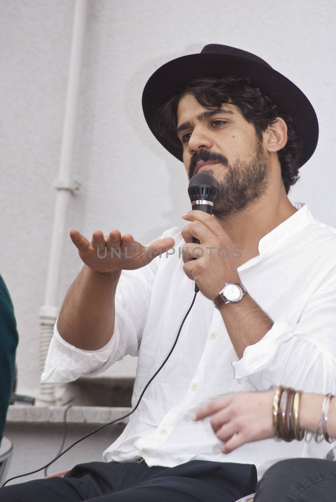 PALERMO APRIL 26- The singer Alessandro Mannarino was invited by UDU Palermo - Union of University Students - to participate in a meeting with students on april 26, 2013 in Palermo, Italy