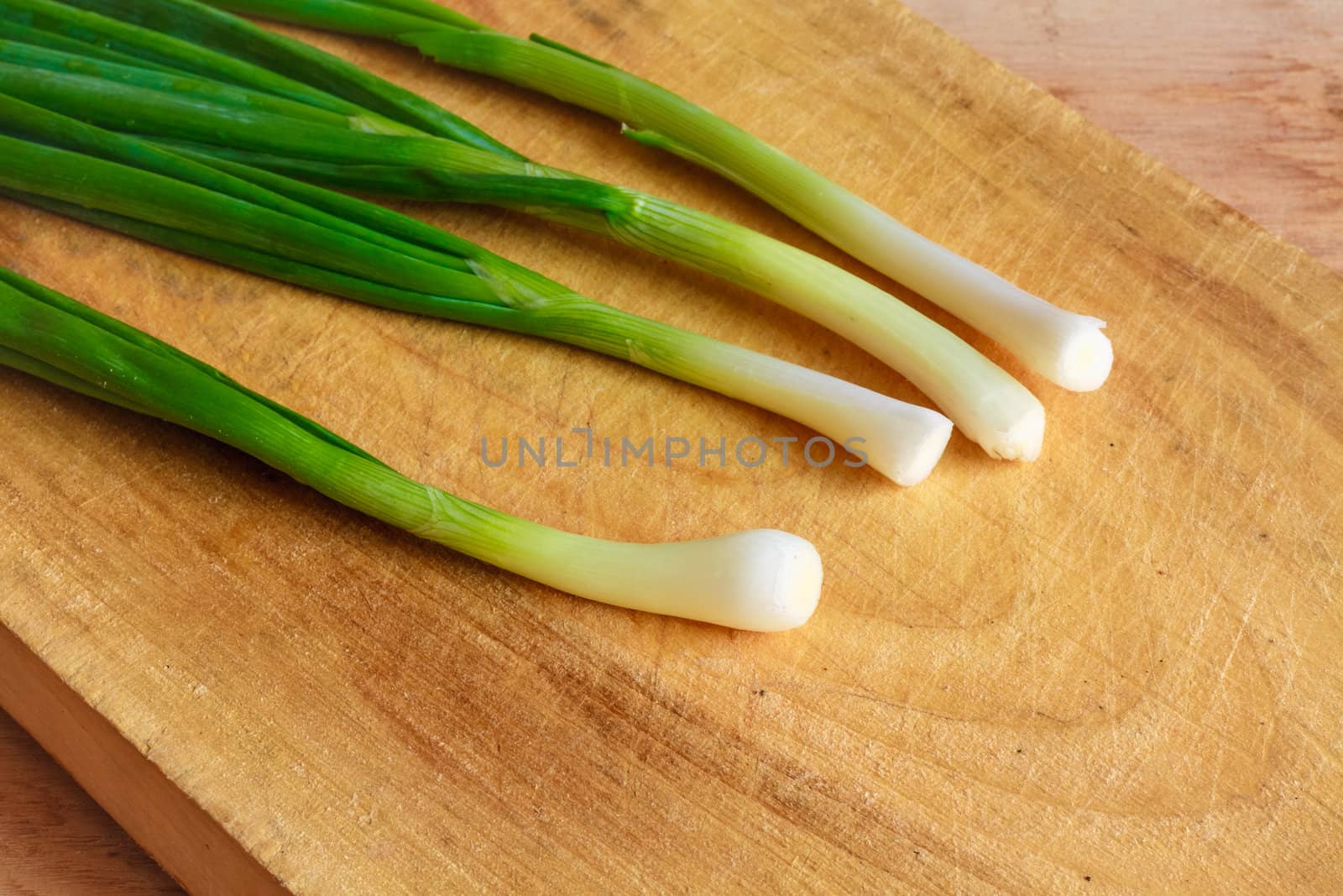 Spring Green Onions Group On Wooden Desk