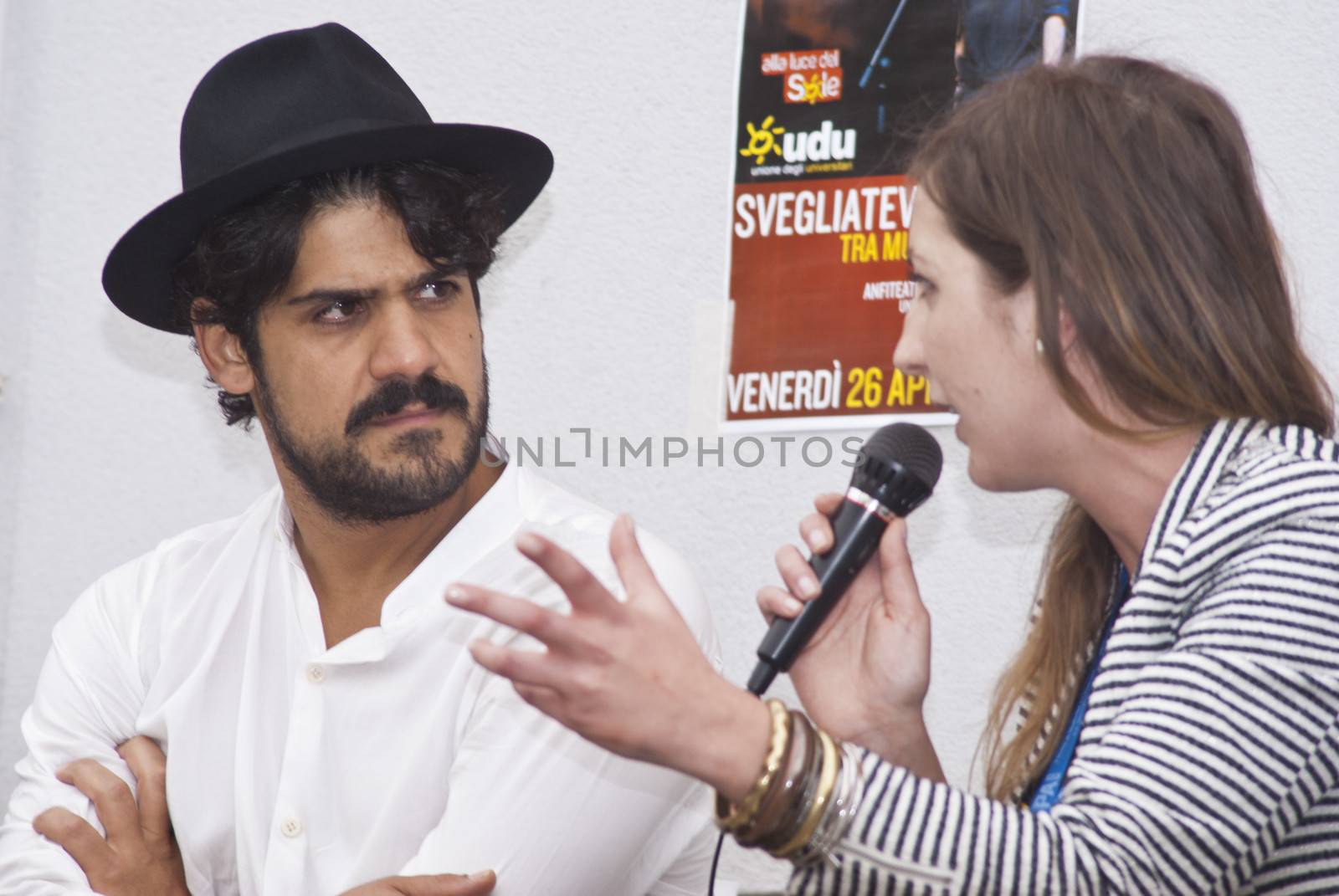 PALERMO APRIL 26- The singer Alessandro Mannarino was invited by UDU Palermo - Union of University Students - to participate in a meeting with students on april 26, 2013 in Palermo, Italy