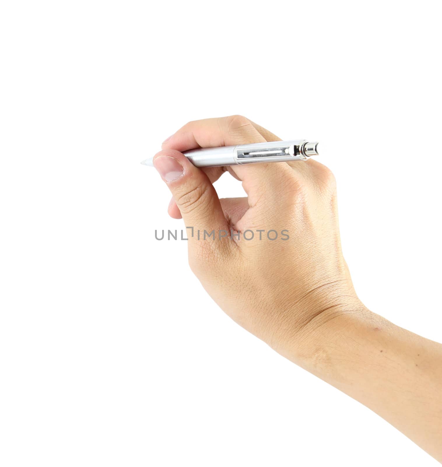 hand with pen writing on white background by geargodz