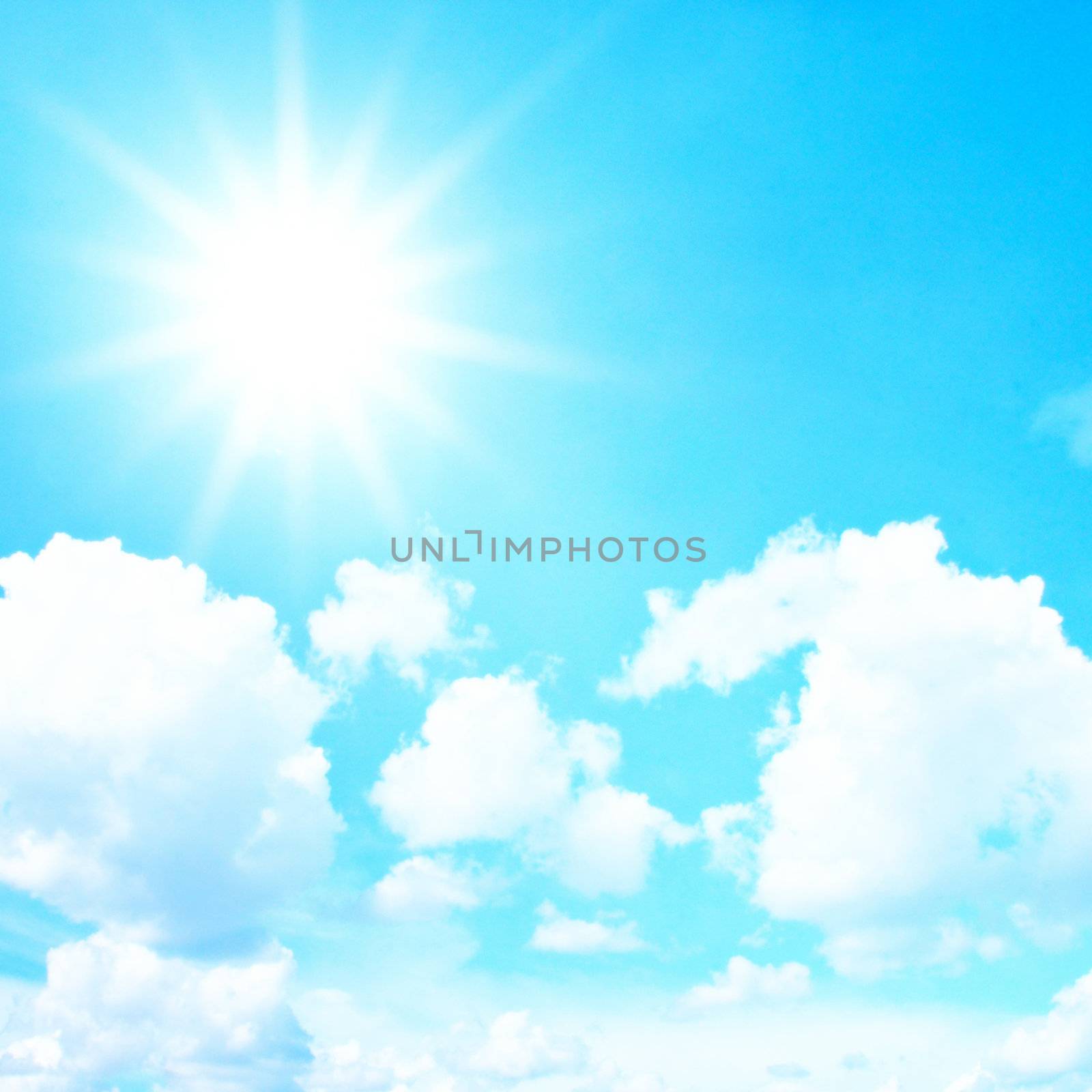 Blue sky with clouds and sun, retro filter effect by nuchylee