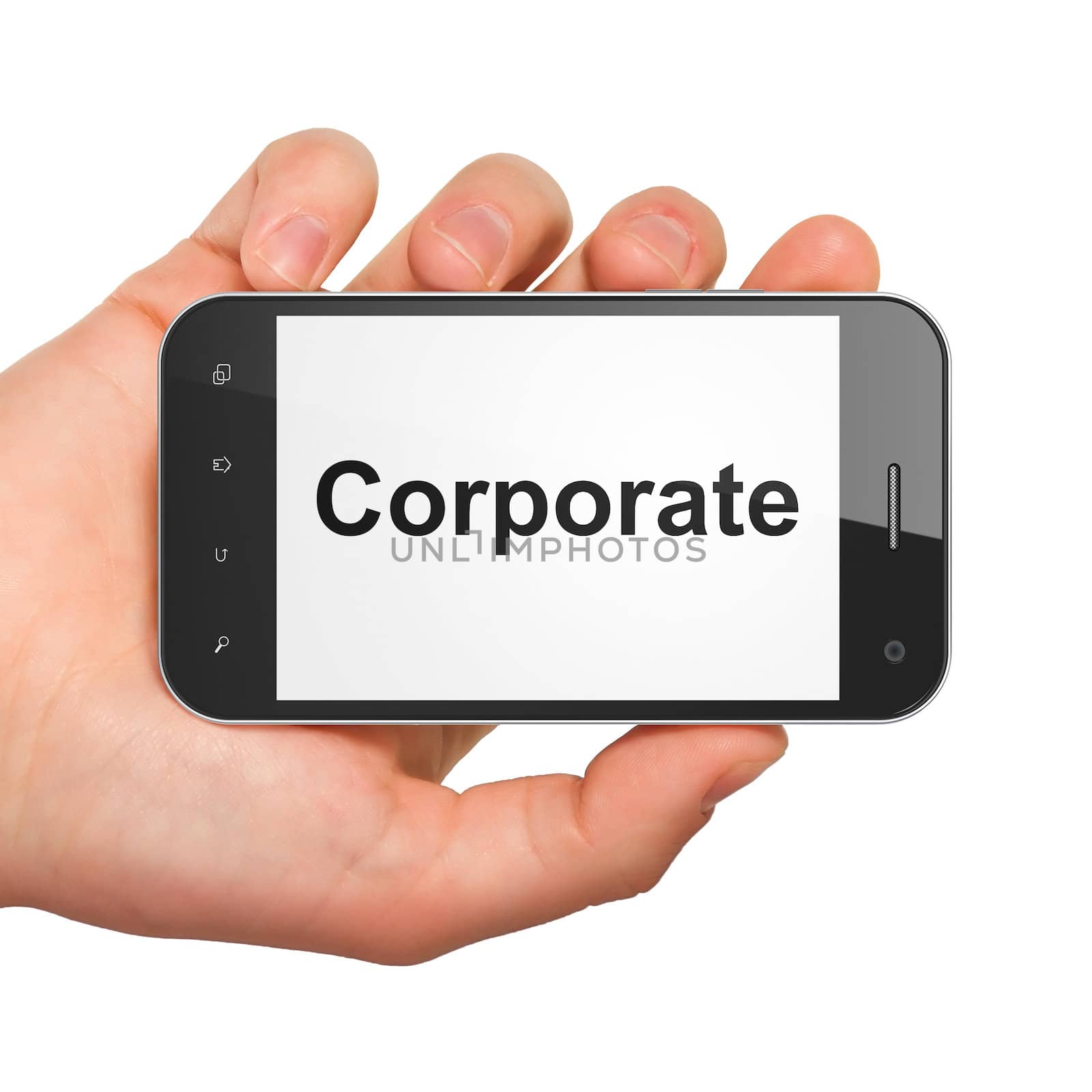 Finance concept: hand holding smartphone with word Corporate on display. Generic mobile smart phone in hand on White background.