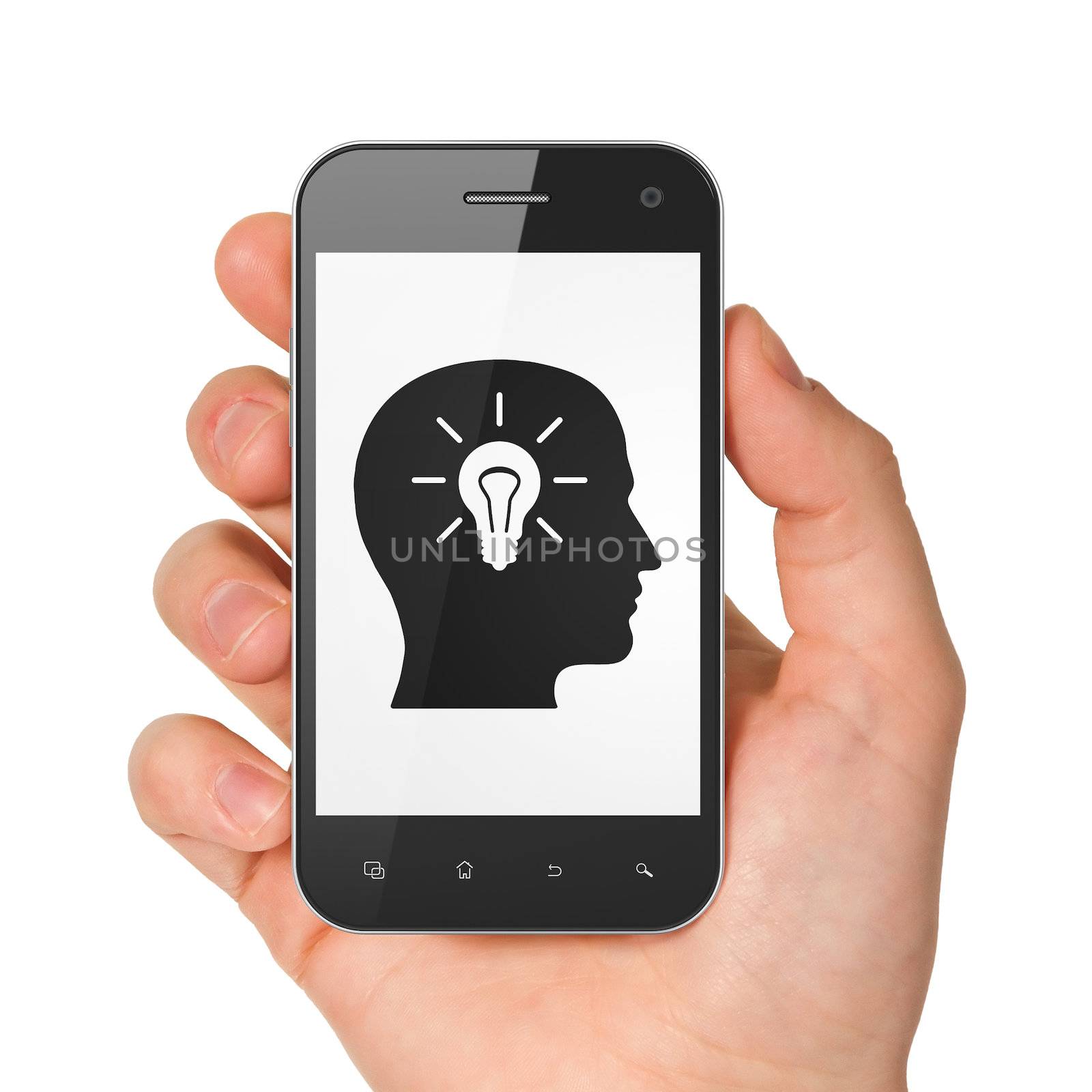Information concept: hand holding smartphone with Head Whis Light Bulb on display. Generic mobile smart phone in hand on White background.