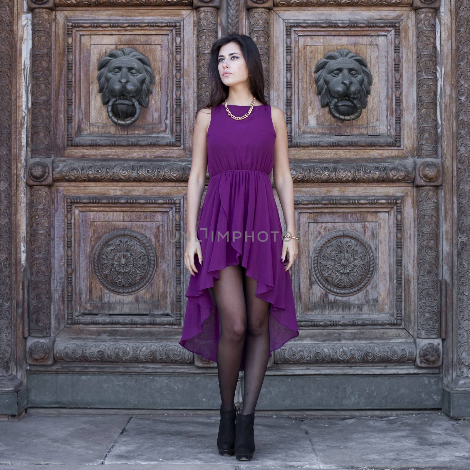 Young beautiful woman in a burgundy dress on a background of wooden gates