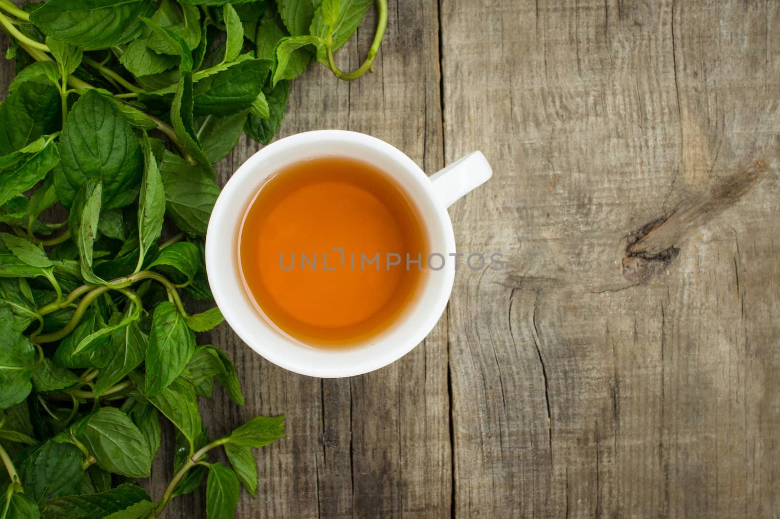 A cup of mint tea on wood textured background