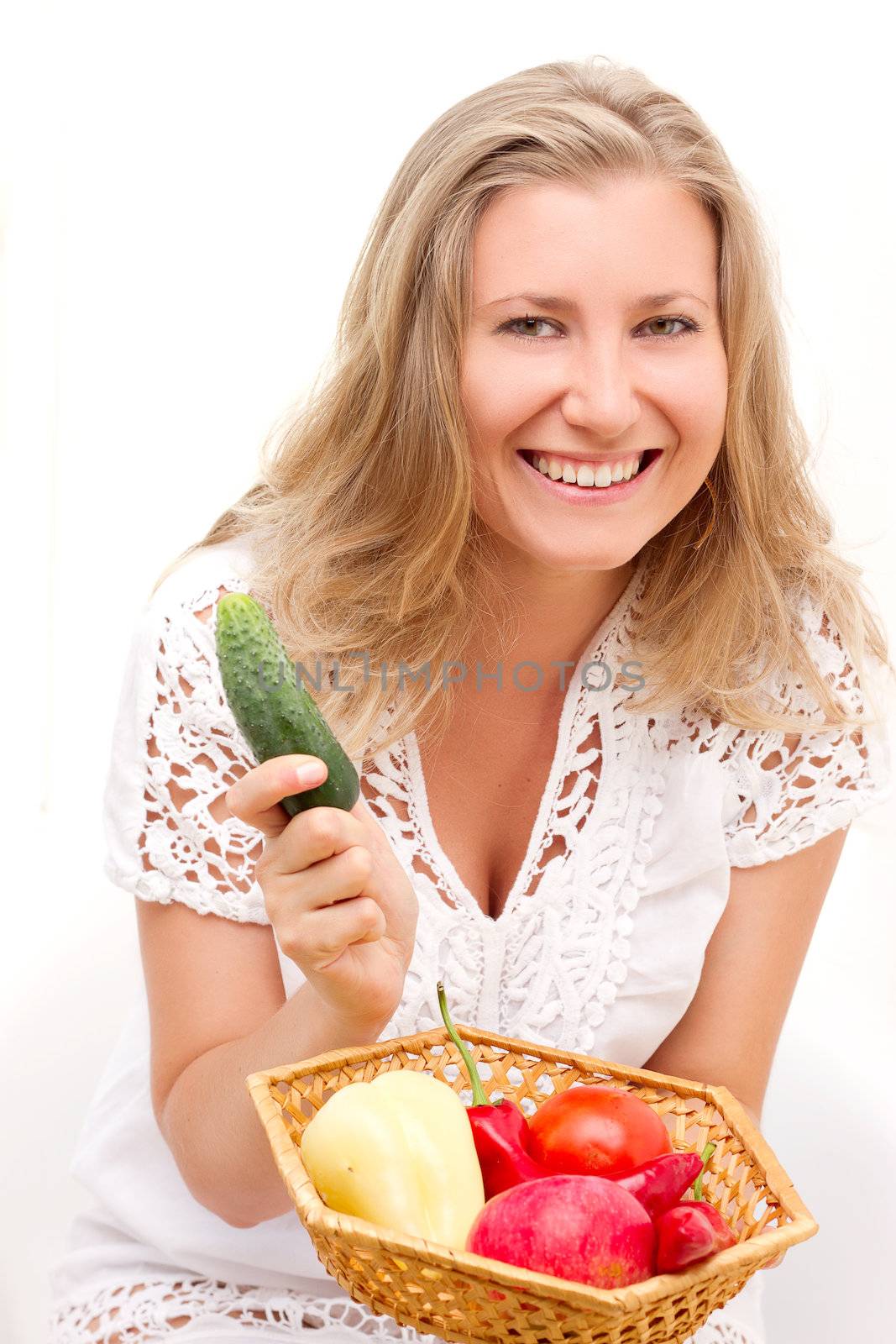 beautiful young woman with fruits and vegetables