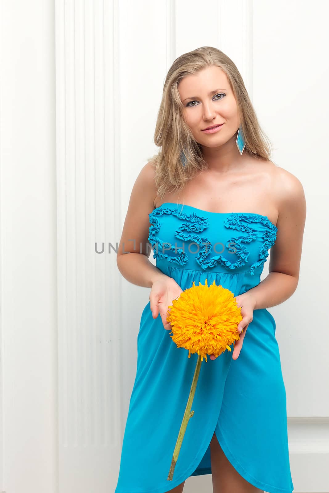 attractive woman portrait on white background with flower