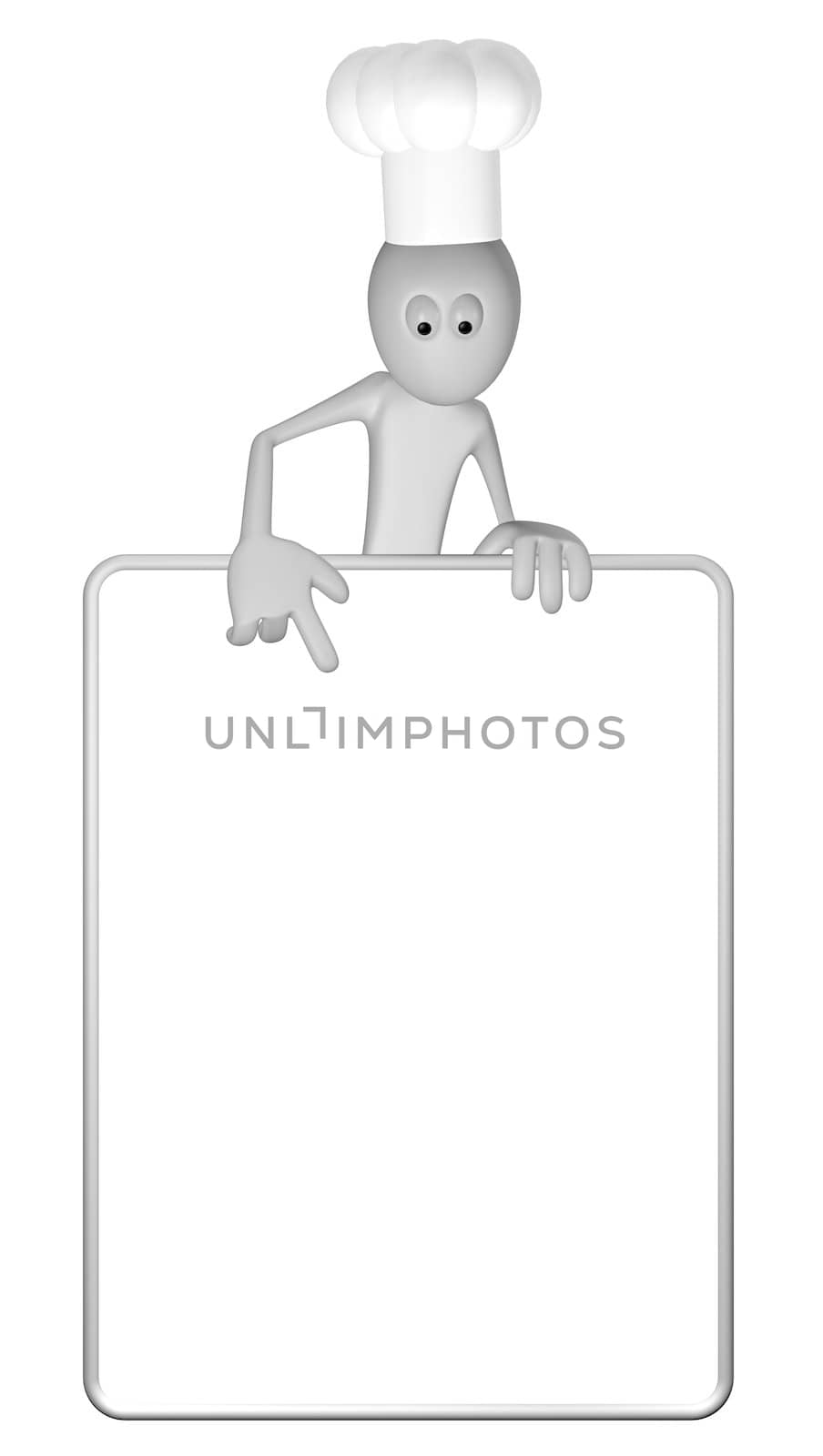 cartoon guy with cook hat and blank white board - 3d illustration