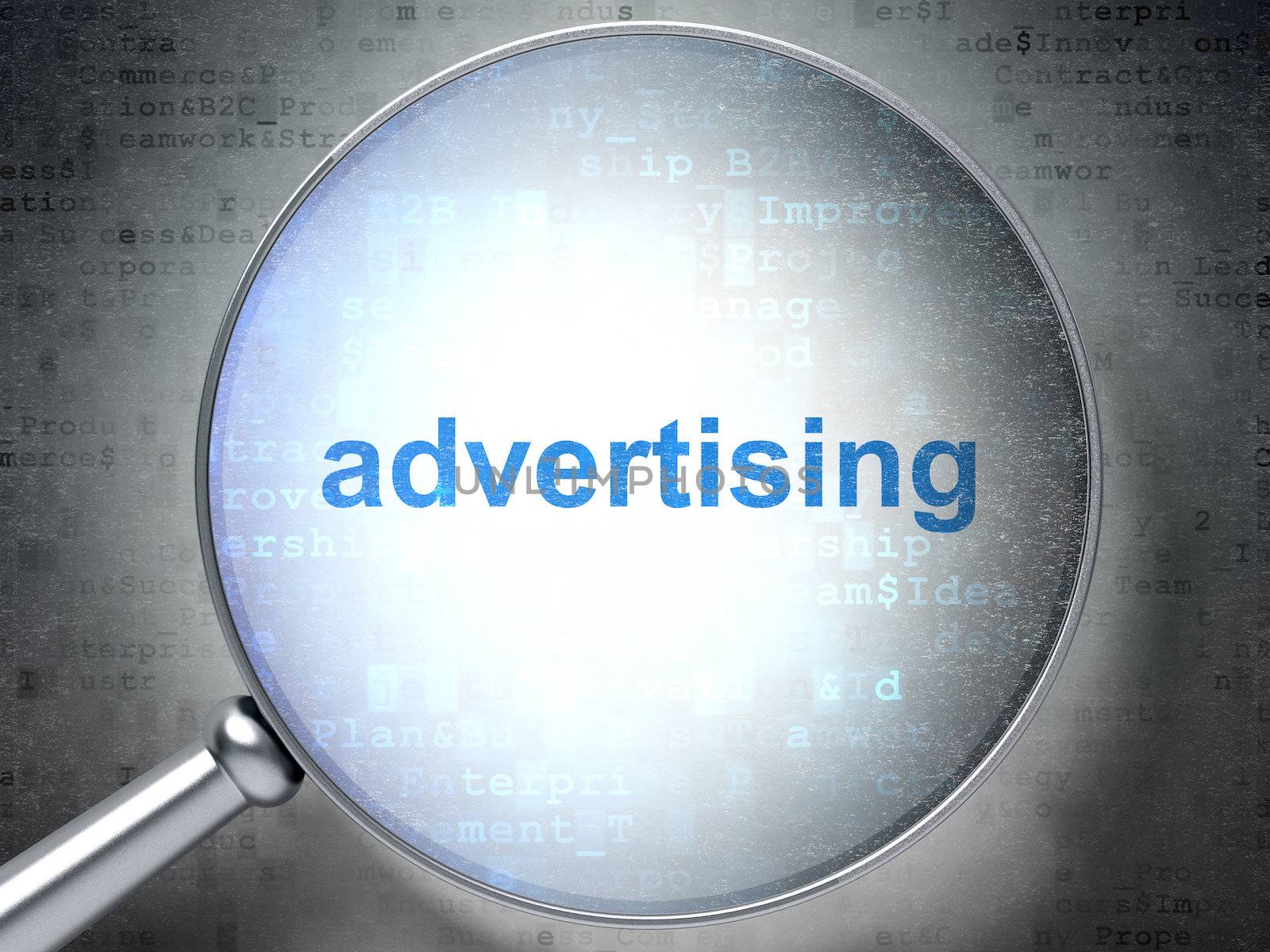 Magnifying optical glass with words Advertising on digital background, 3d render