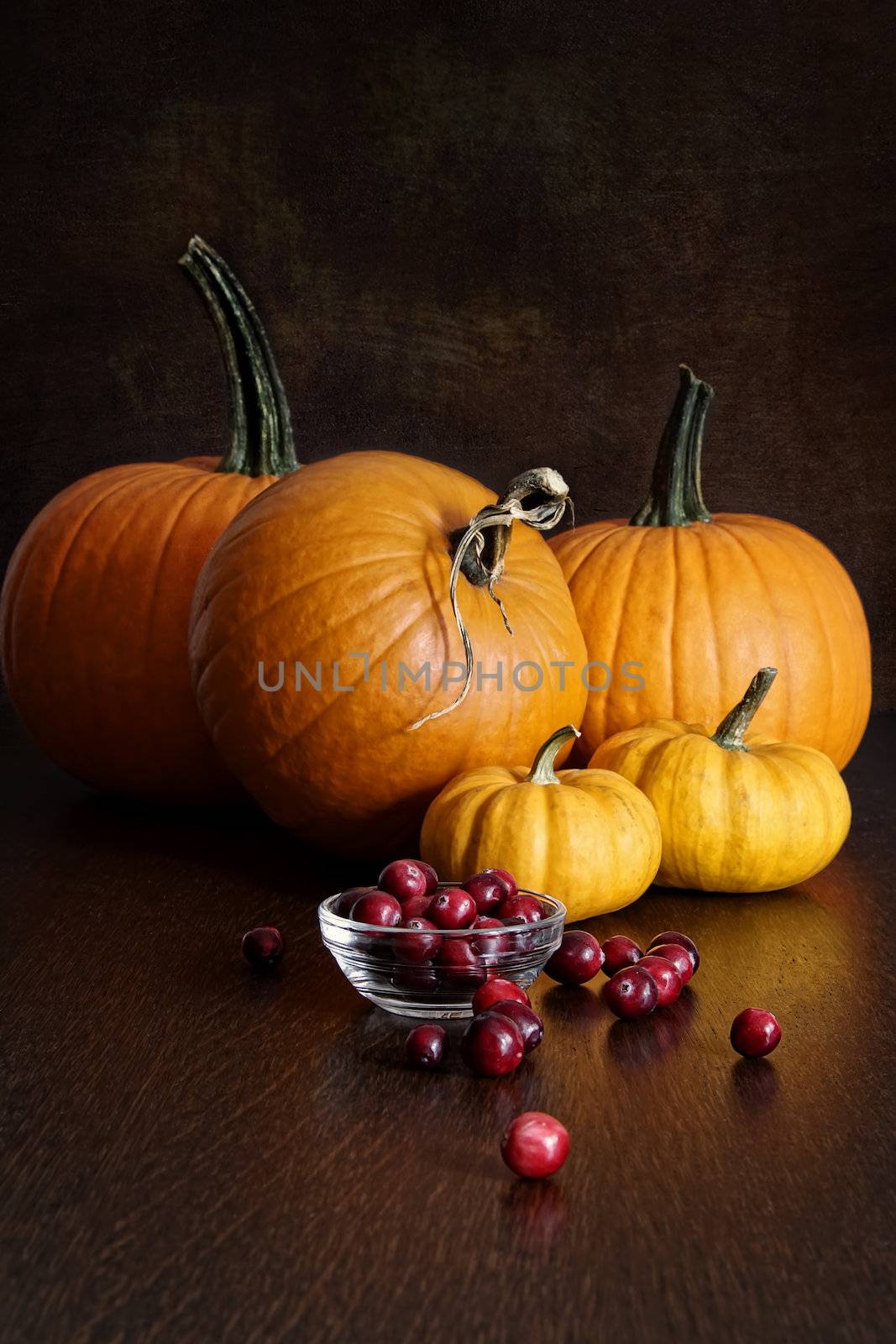 Pumpkins, gourds and cranberries on table