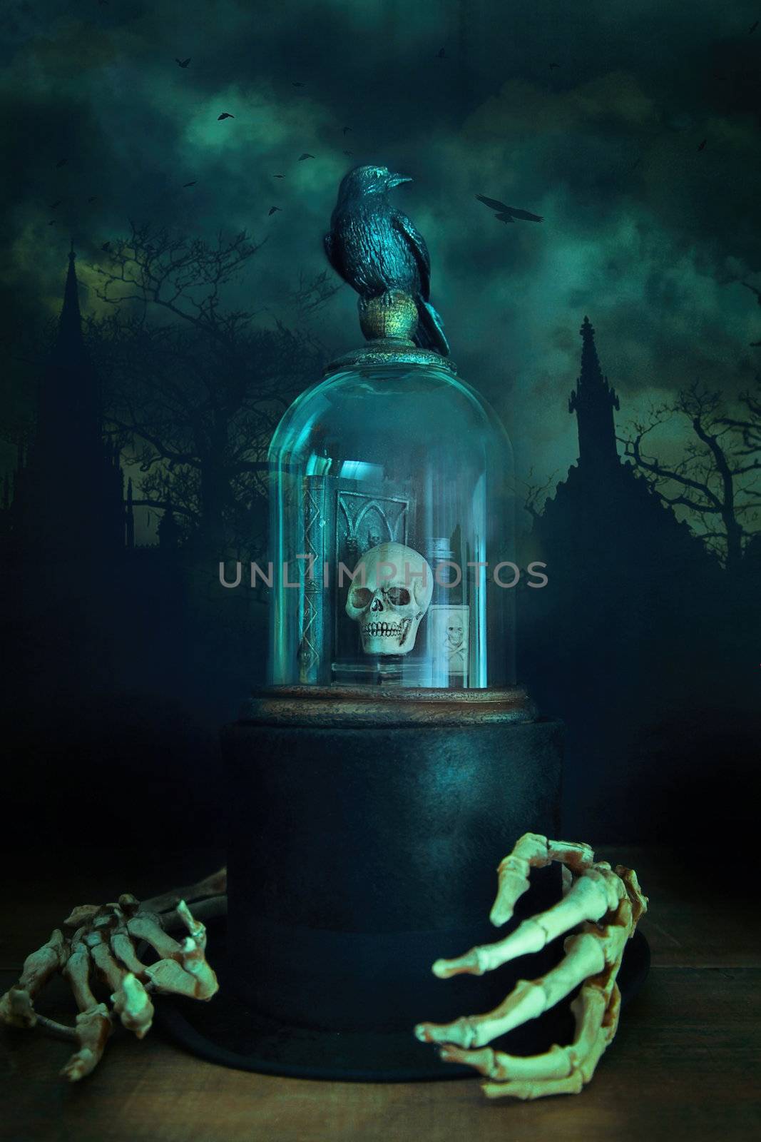 Glass bell jar with crow and skeleton hands by Sandralise