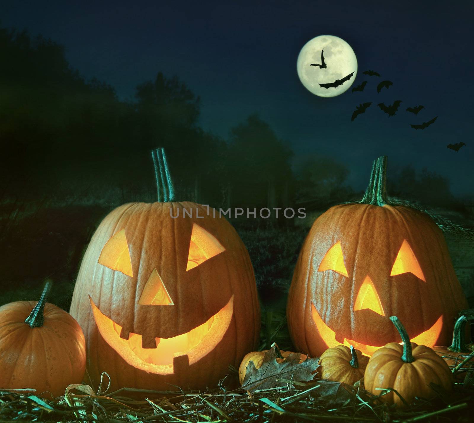 Night scene with Halloween pumpkins and moom by Sandralise