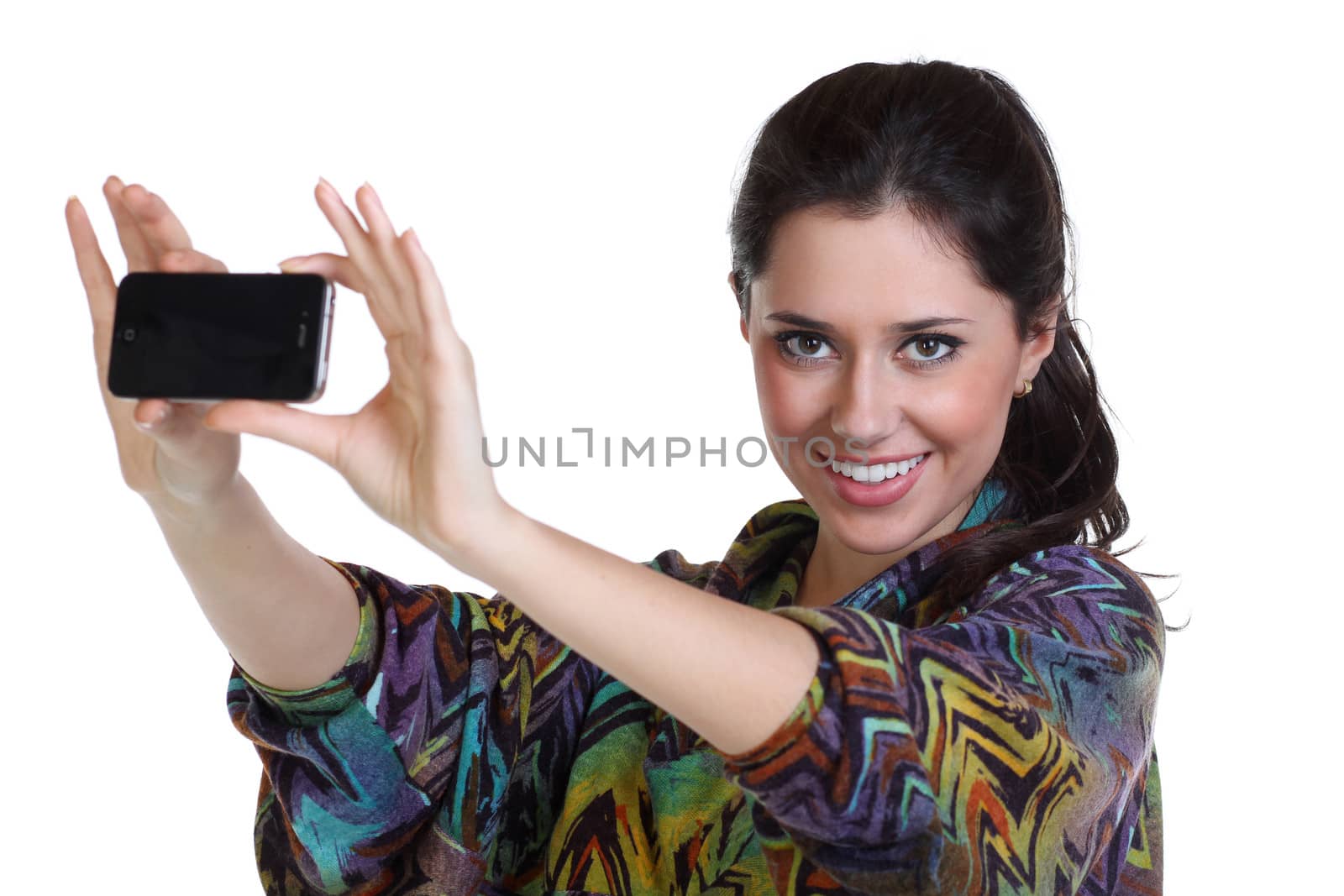 Girl posing for a photograph taken from his cell phone