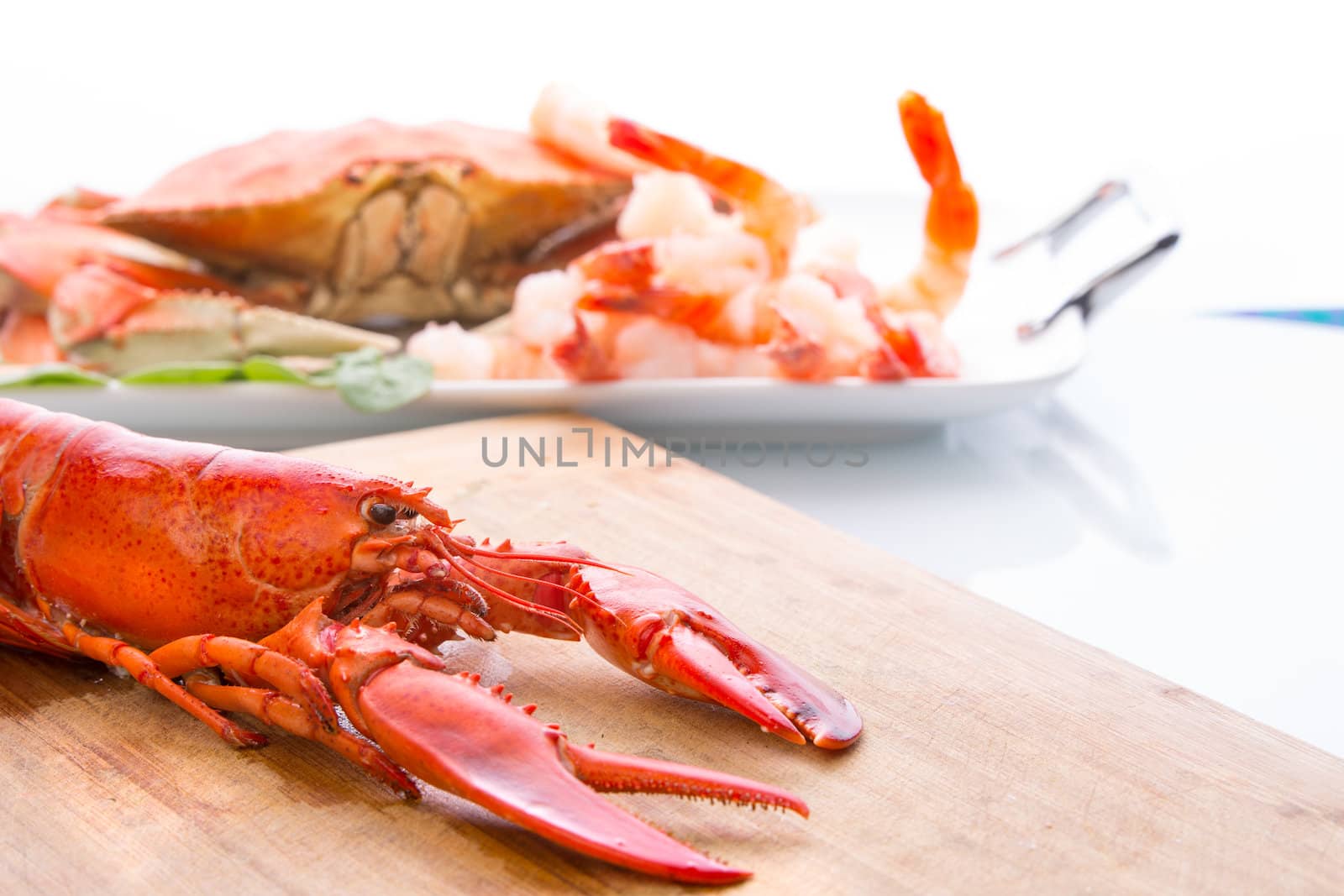 Preparing dungeness crab, red lobster and shrimps in the kitchen on the cutting board