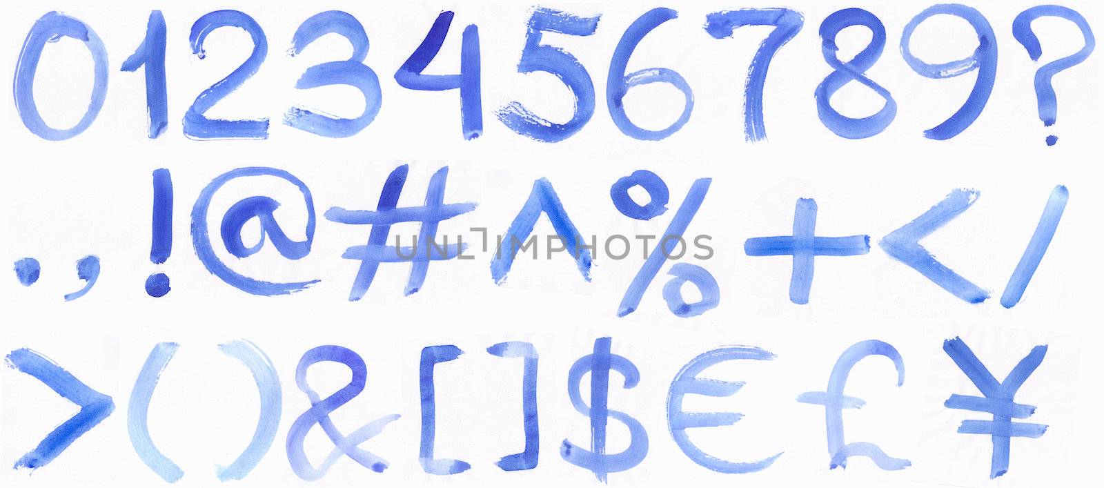 Handwritten Blue Watercolor ABC Alphabet / Painted Blue Watercolor Alphabet, Isolated.  Numbers 0, 1, 2, 3, 4, 5, 6, 7, 8, 9