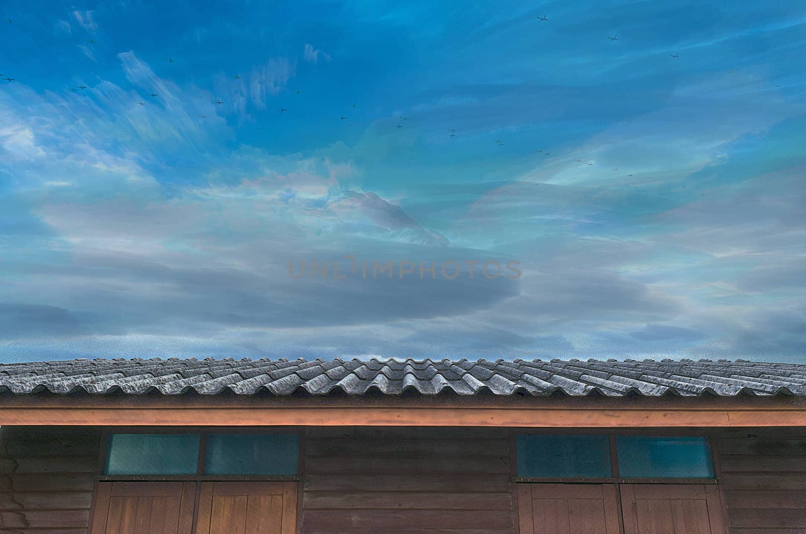 The Moving Planes, Cloudy Blue Sky and Roof of Wooden House.