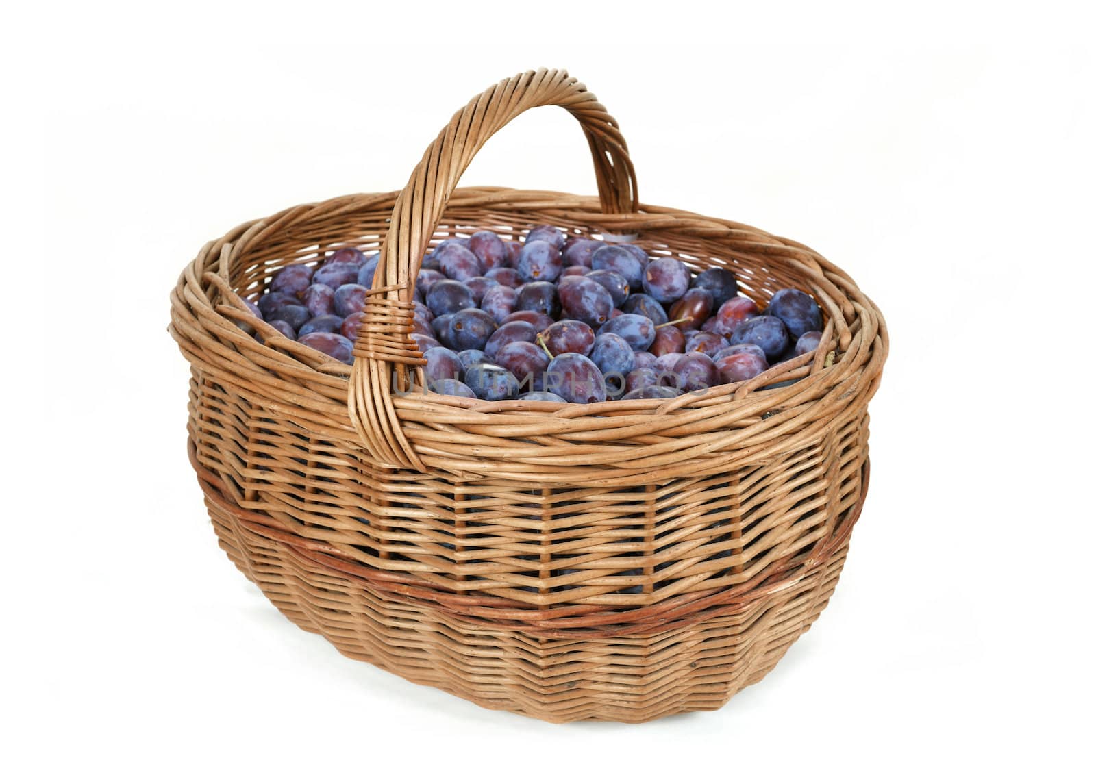 ripe plums in basket isolated on white background