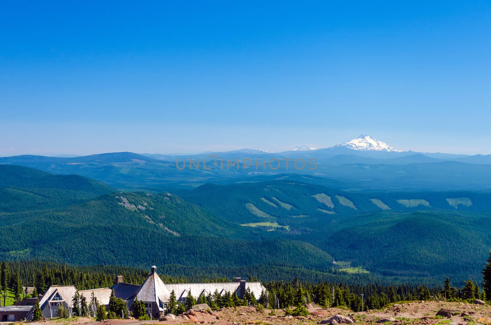 View of Mount Jefferson with Timberline Lodge and thick pine tree forests in Oregon