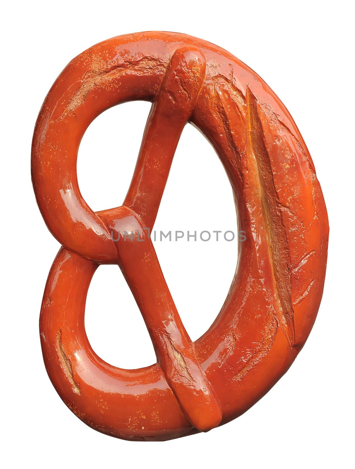 Appetizing wooden model of pretzel on white background