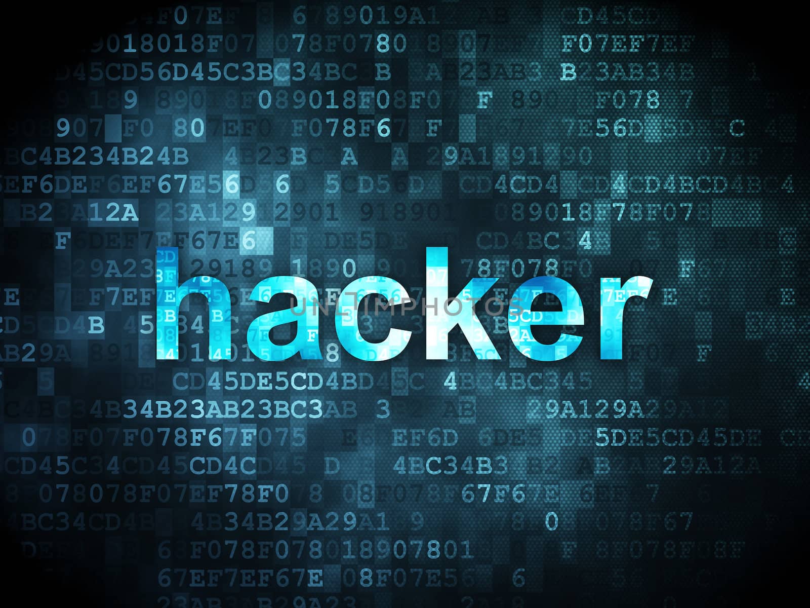 Security concept: pixelated words Hacker on digital background, 3d render