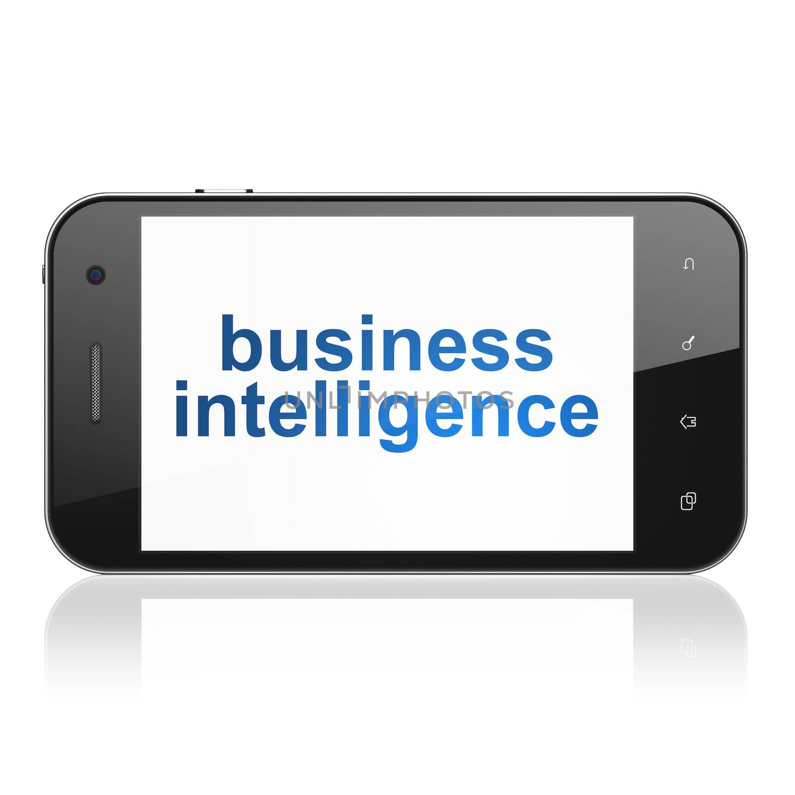 Finance concept: smartphone with text Business Intelligence on display. Mobile smart phone on White background, cell phone 3d render