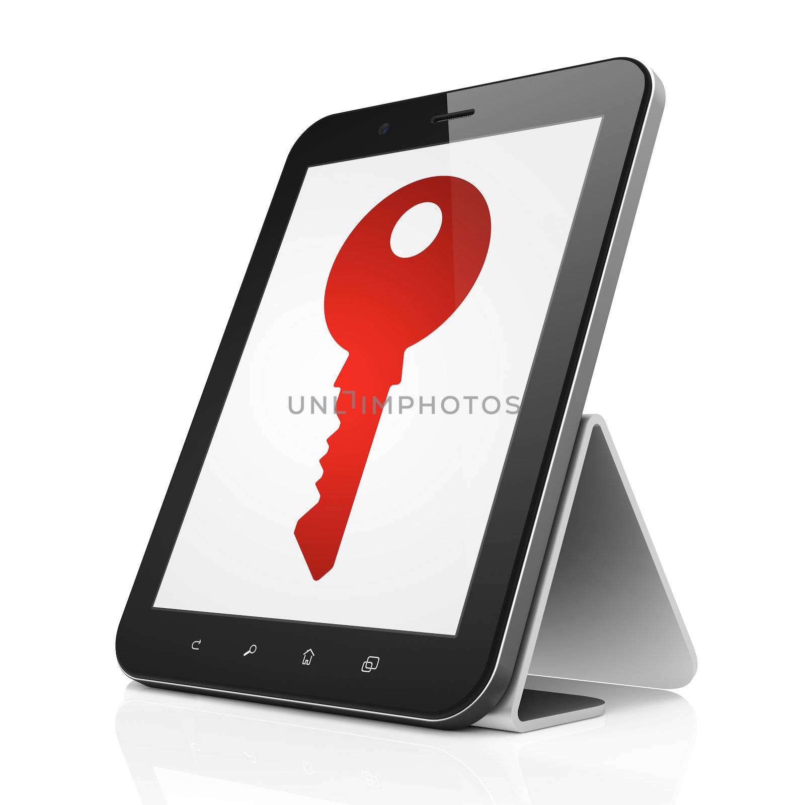 Privacy concept: black tablet pc computer with Key icon on display. Modern portable touch pad on White background, 3d render