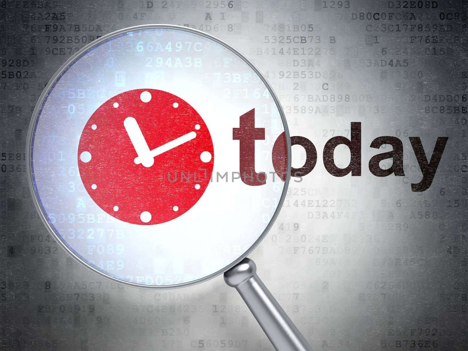 Time concept: magnifying optical glass with Clock icon and Today word on digital background, 3d render