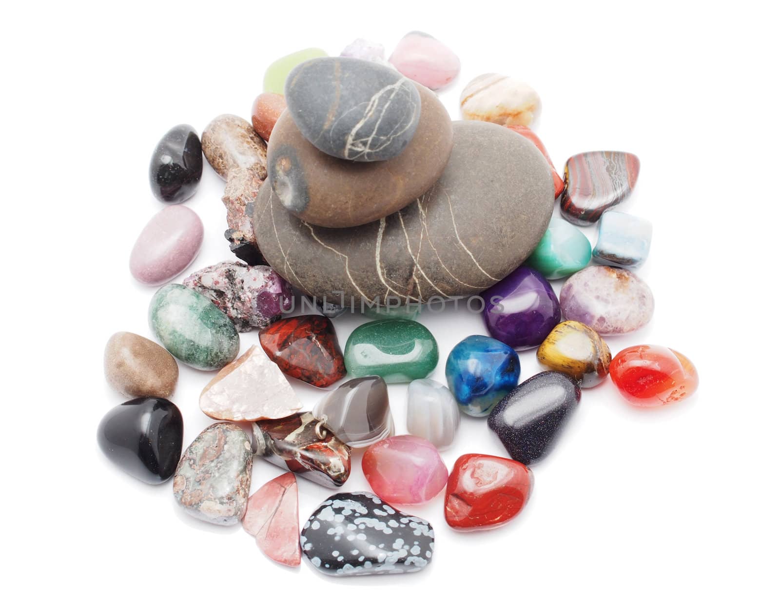 minerals and pebble on a white background 