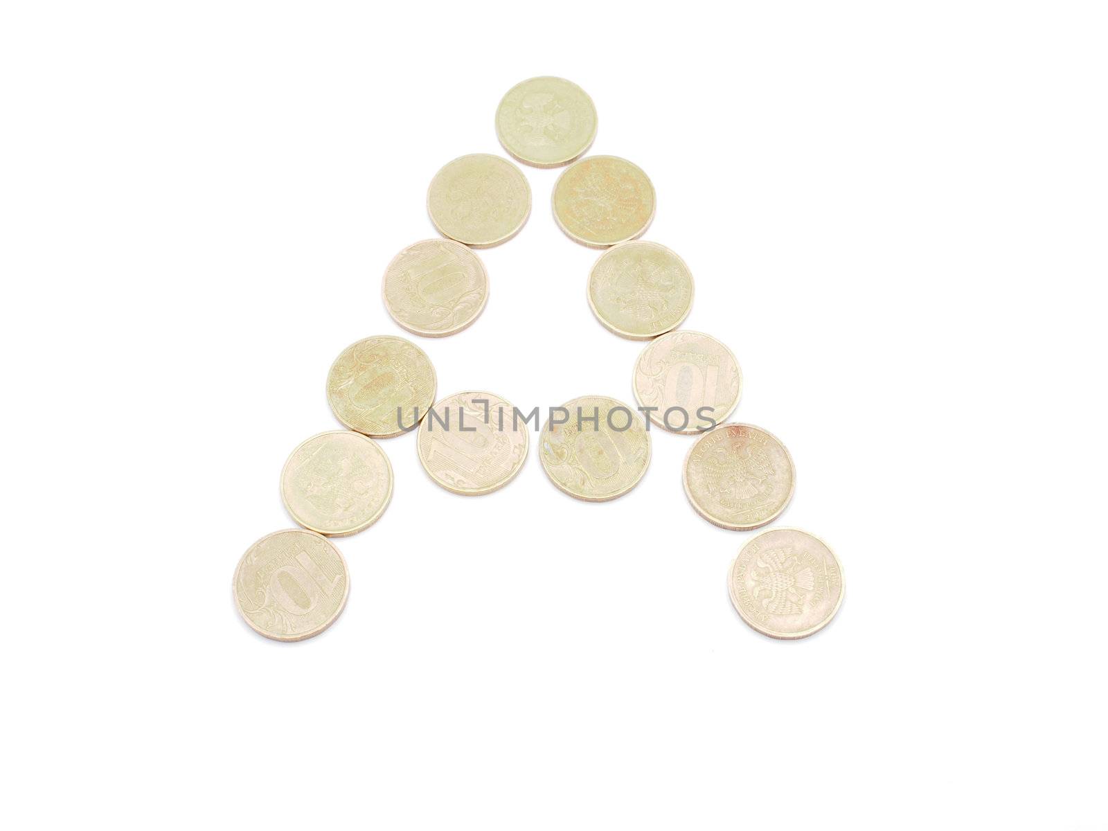 Letters of coins on a white background