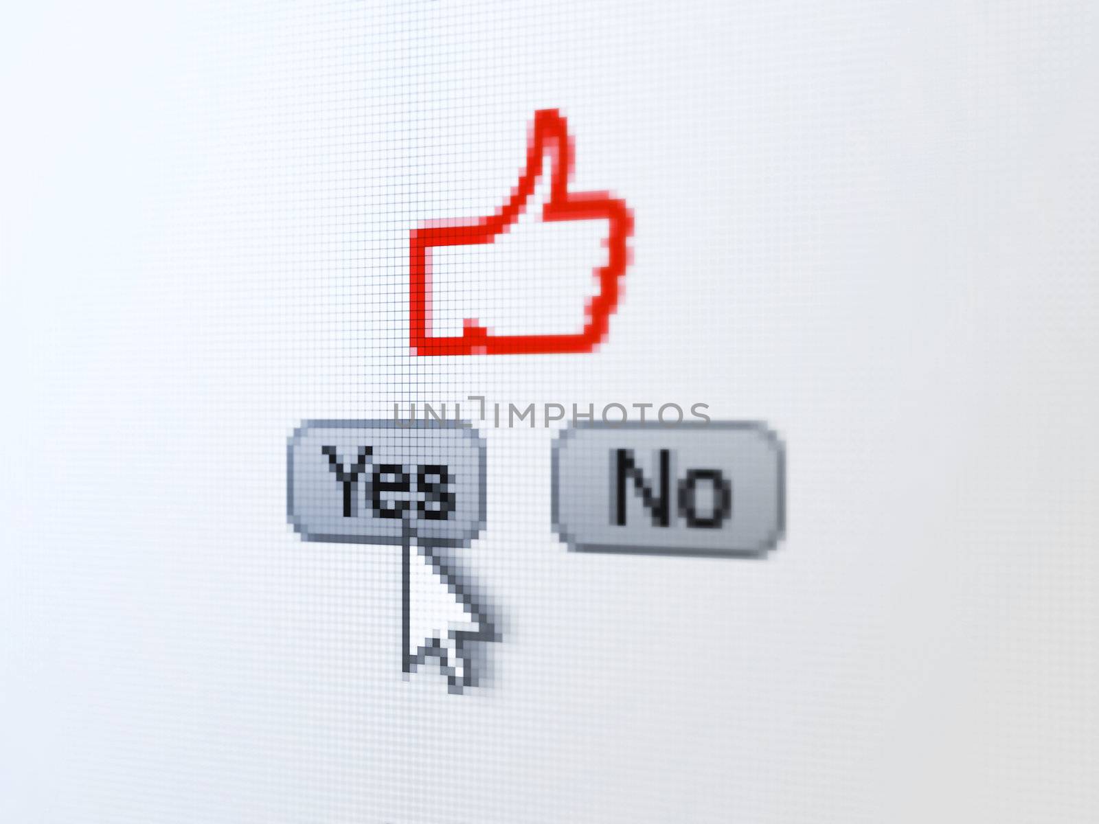 Social network concept: buttons yes and no with pixelated Like icon and Arrow cursor on digital computer screen, selected focus 3d render