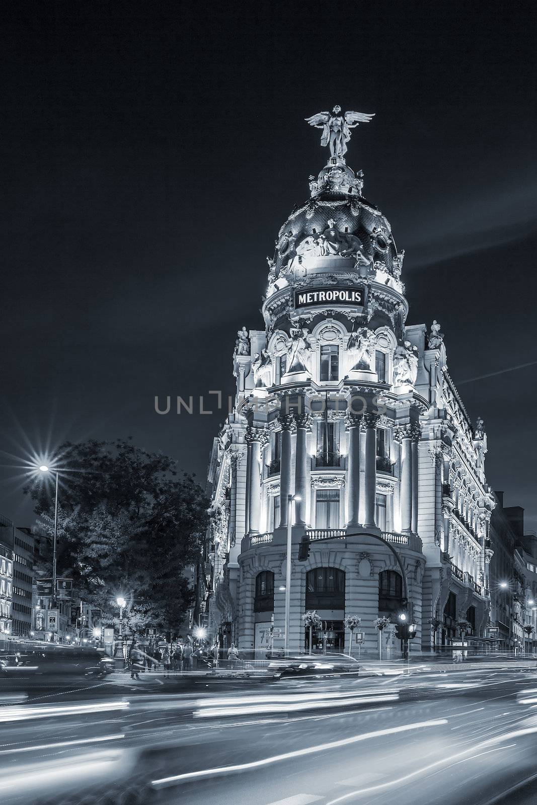 Gran via street, main shopping street in Madrid at night. Spain, Europe.