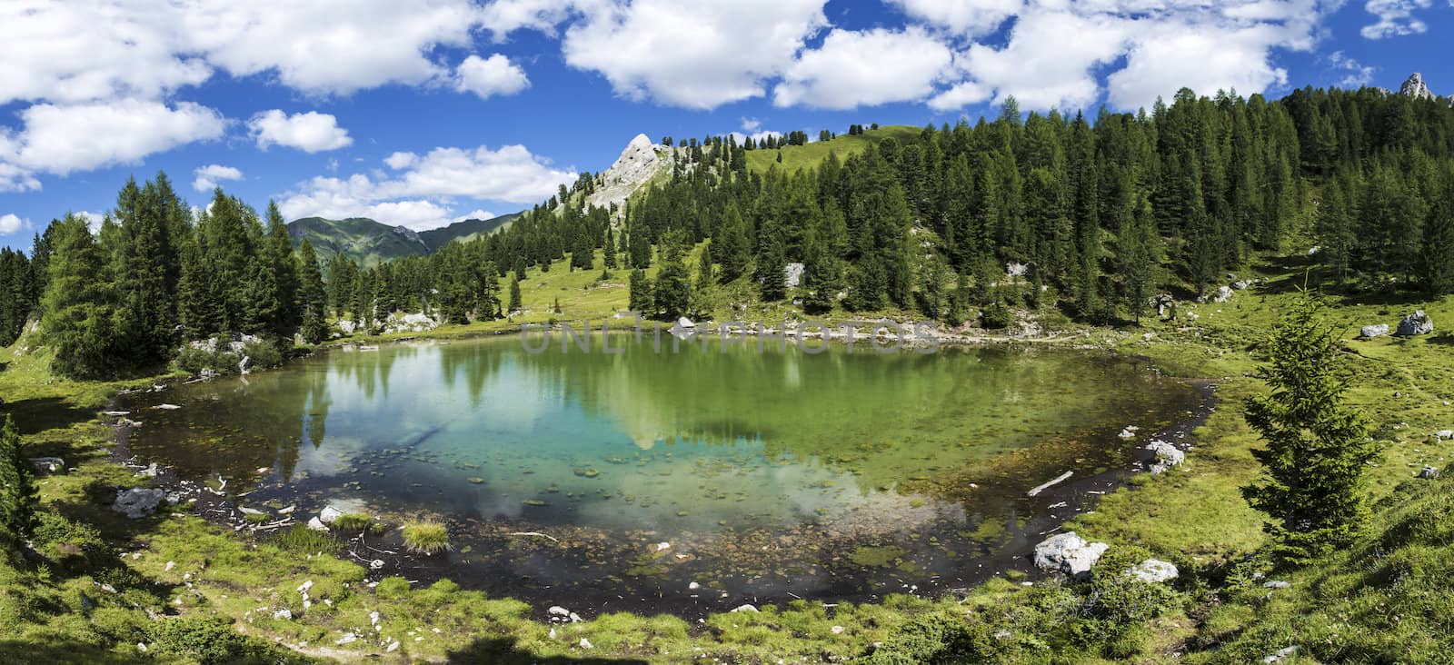 Panoramic view of the Lagusel Lake in Trentino-Alto Adige Dolomites - Italy