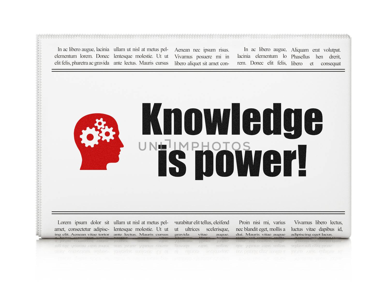 Education news concept: newspaper headline Knowledge Is power! and Head With Gears icon on White background, 3d render