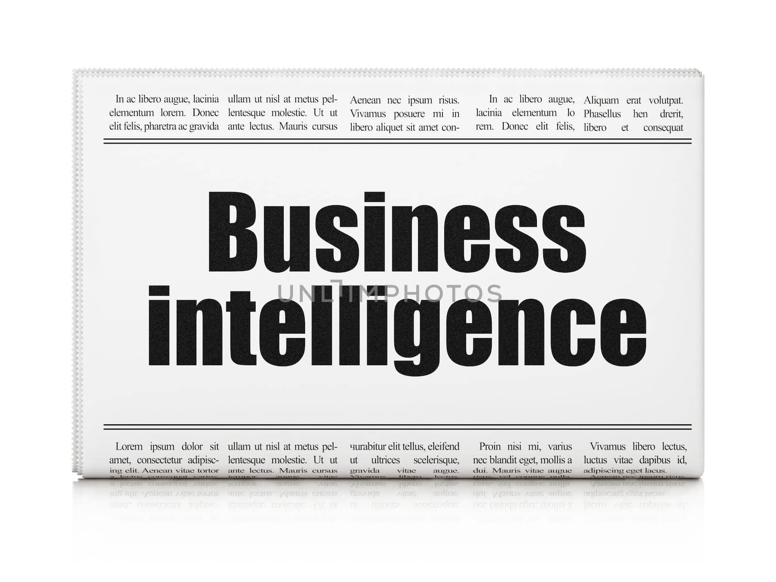 Finance news concept: newspaper headline Business Intelligence on White background, 3d render