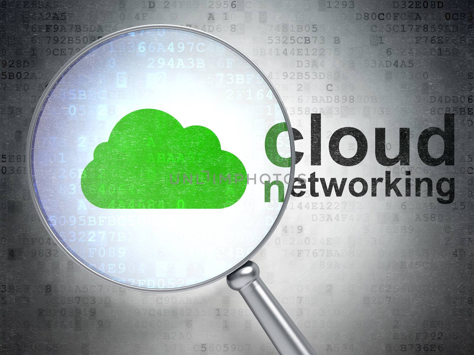 Cloud computing concept: magnifying optical glass with Cloud icon and Cloud Networking word on digital background, 3d render