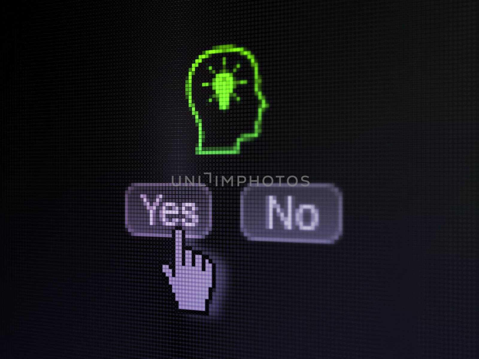 Education concept: buttons yes and no with pixelated Head With Lightbulb icon and Hand cursor on digital computer screen, selected focus 3d render