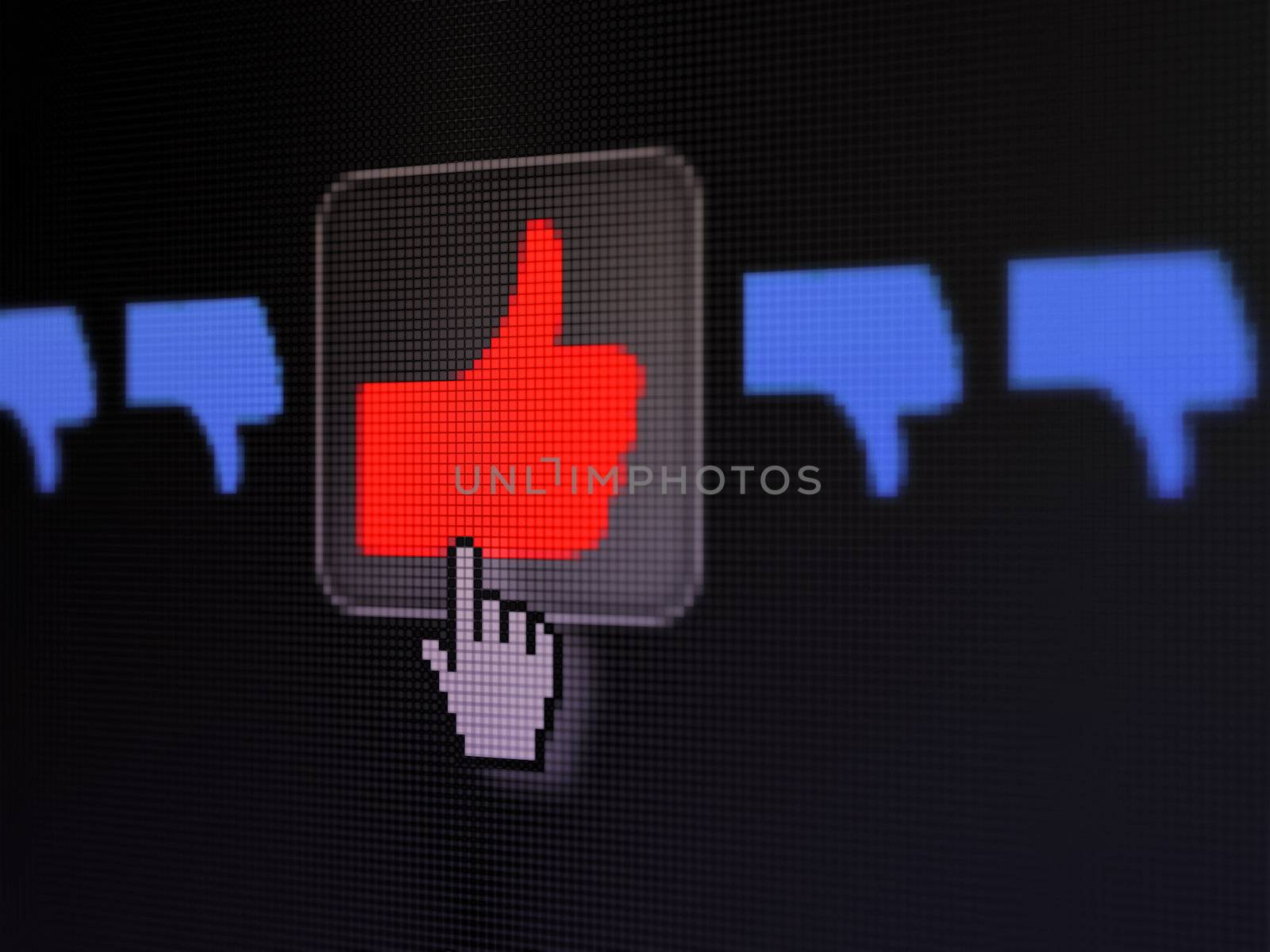 Social network concept: pixelated Like, Unlike icon on button with Hand cursor on digital computer screen, selected focus 3d render