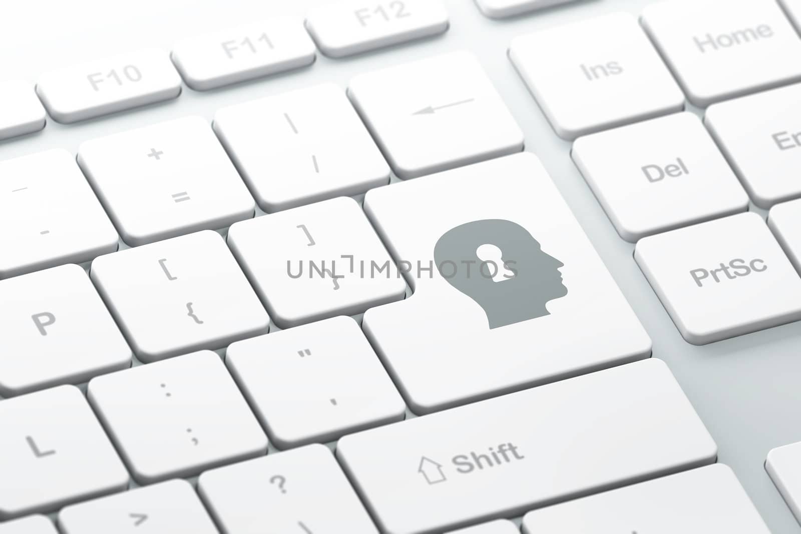 Security concept: enter button with Head With Keyhole on computer keyboard background, 3d render, selected focus