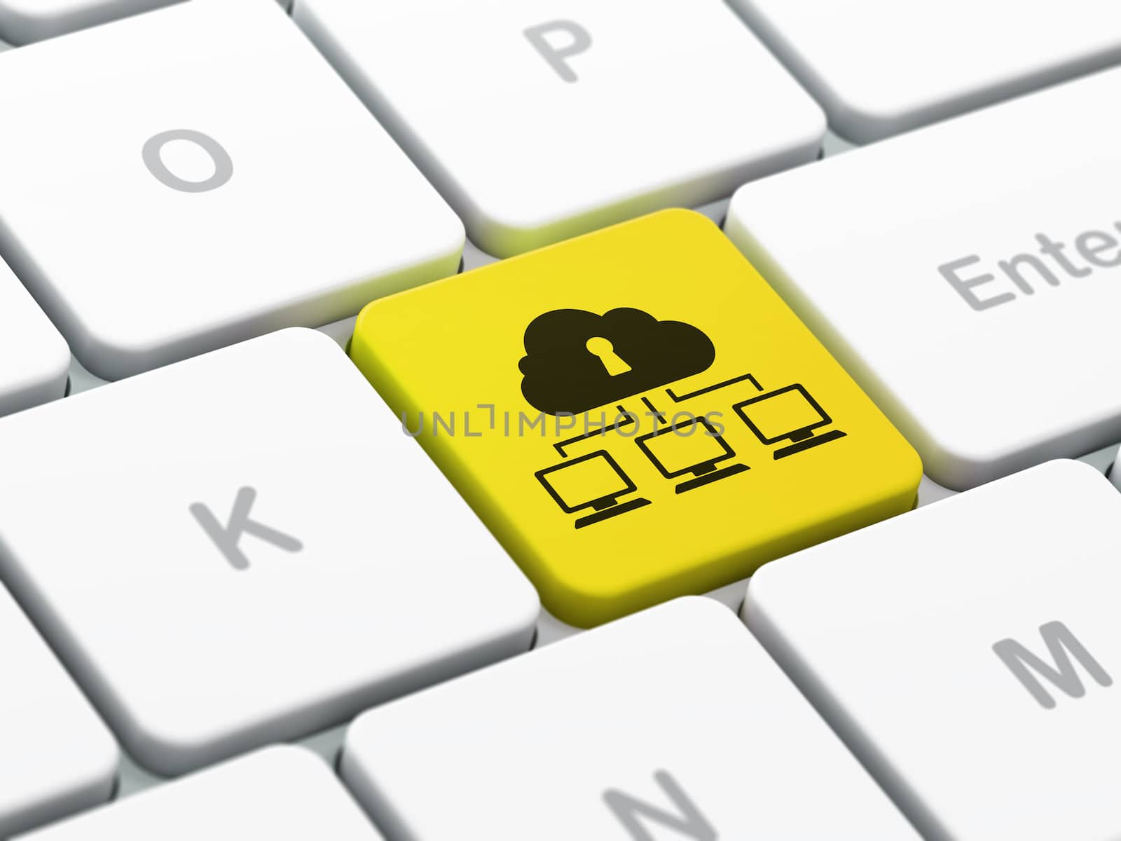 Protection concept: computer keyboard with Cloud Network icon on enter button background, selected focus, 3d render