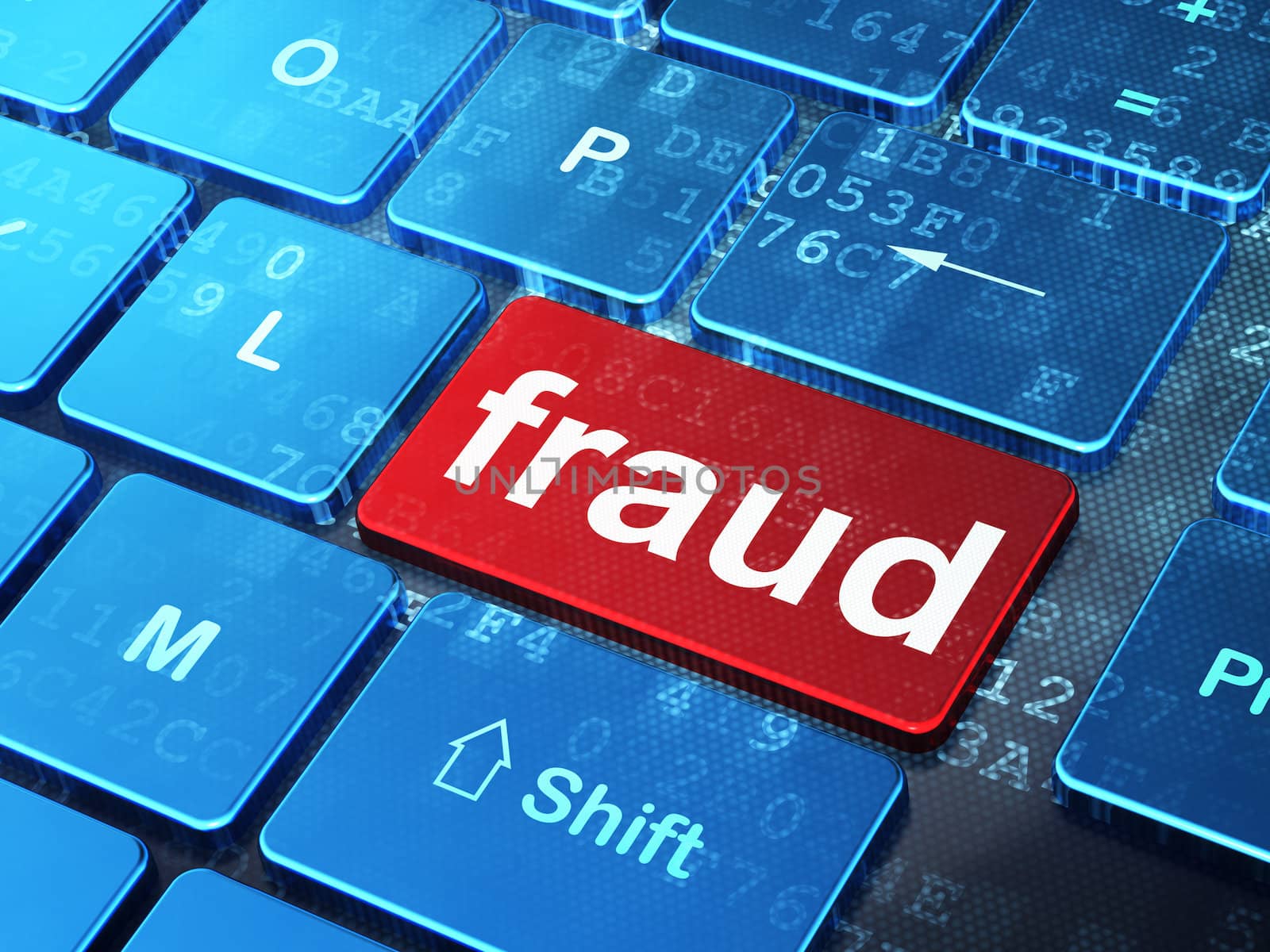 Protection concept: computer keyboard with word Fraud on enter button background, 3d render