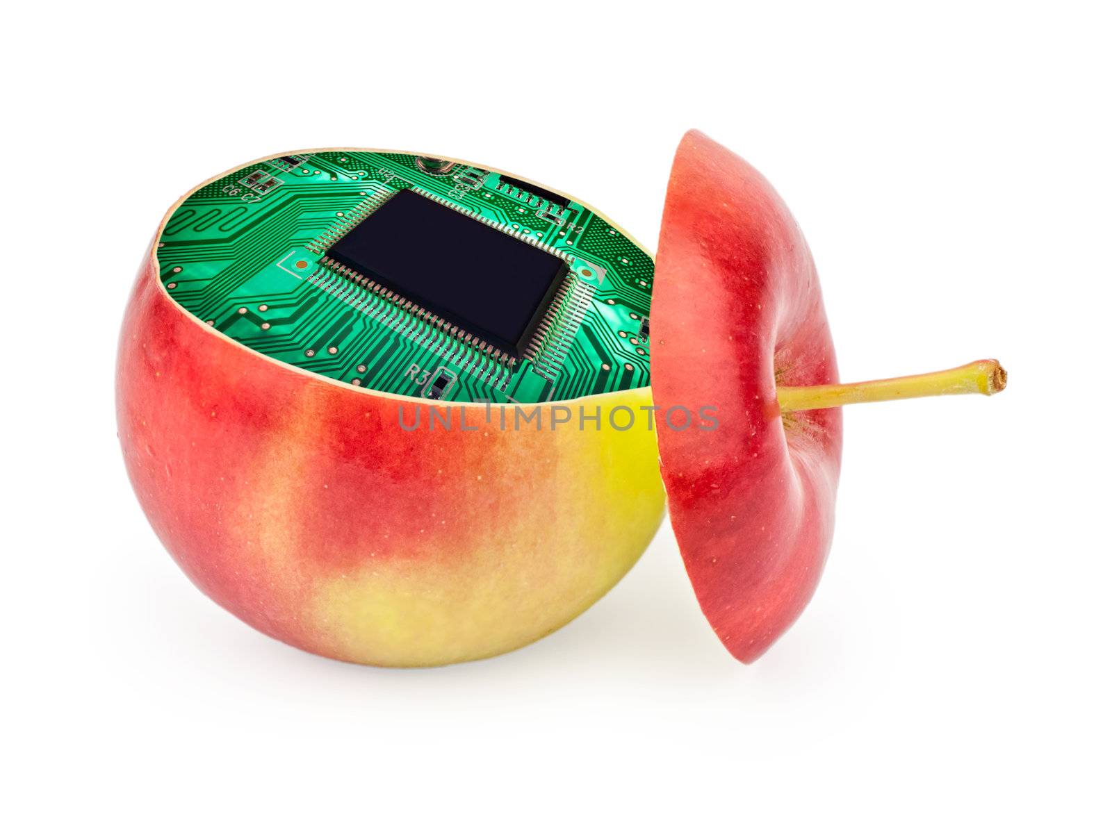 cut apple inside with electronic circuit