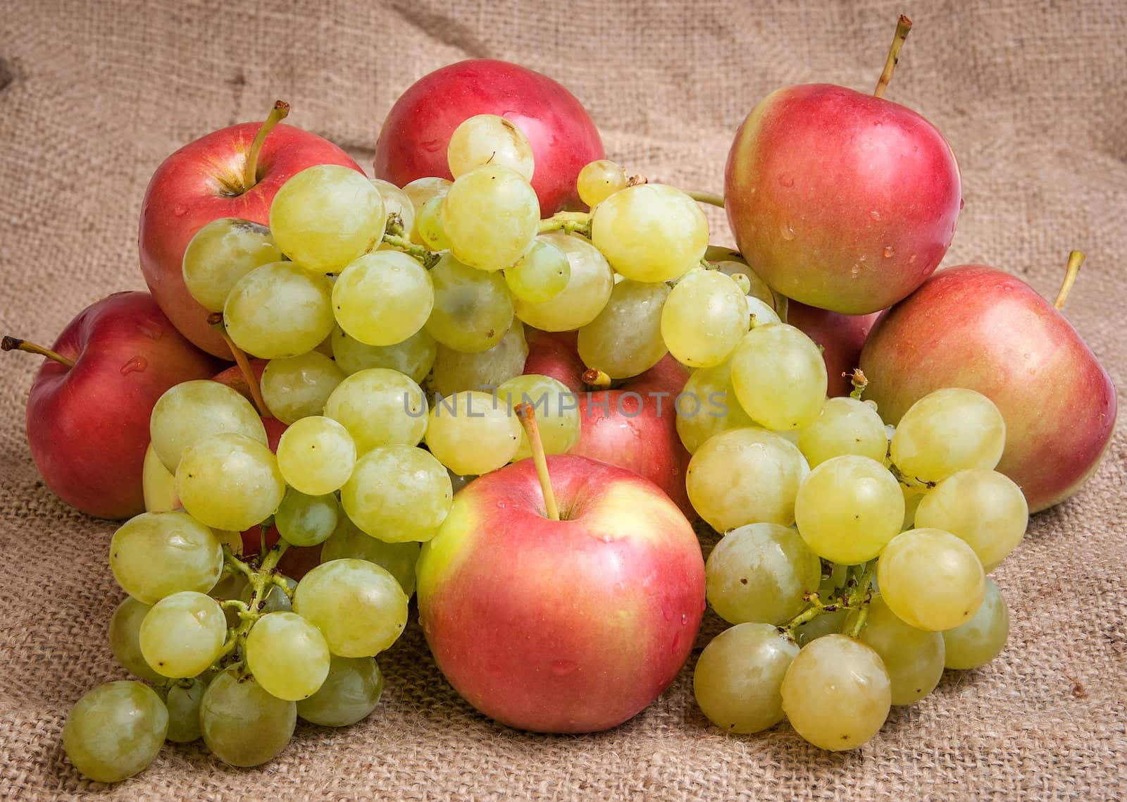 Still life with autumn fruits on burlap background by Zhukow