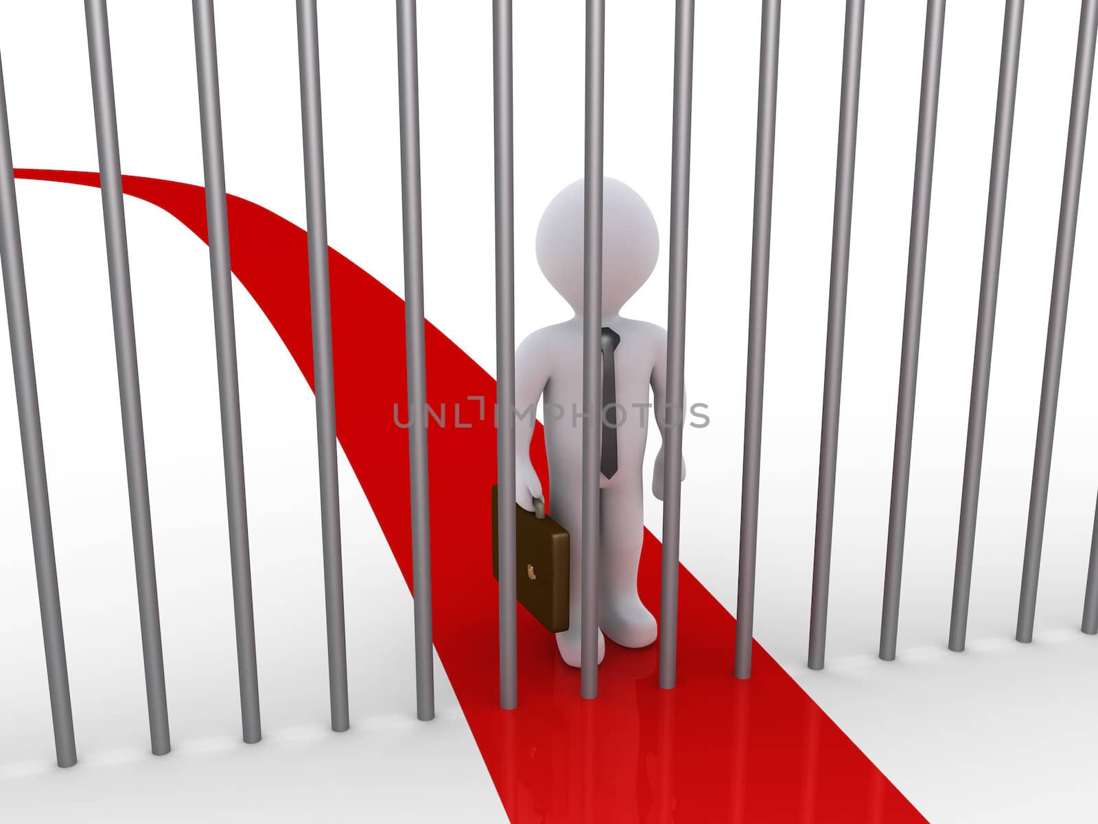 3d businessman is blocked by metal bars that are on his path