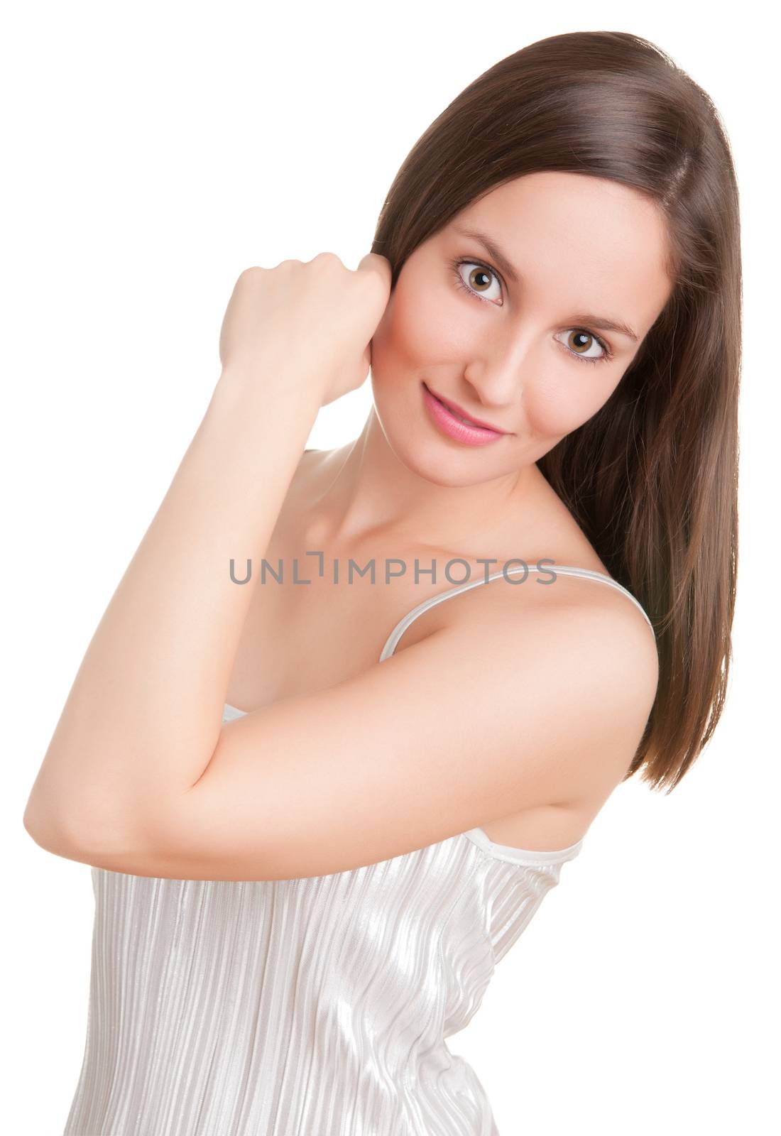 Portrait of young woman on a white background