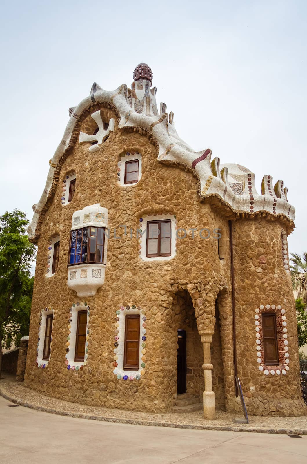 Entrance pavilion of the Park Guell, designed by Antonio Gaudi, in Barcelona, Spain