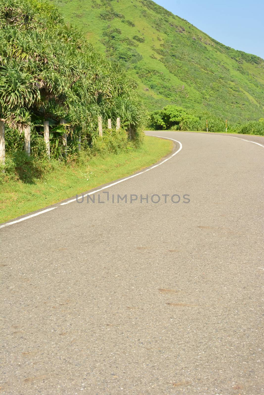 Country road at sunny day under blue sky with nobody.