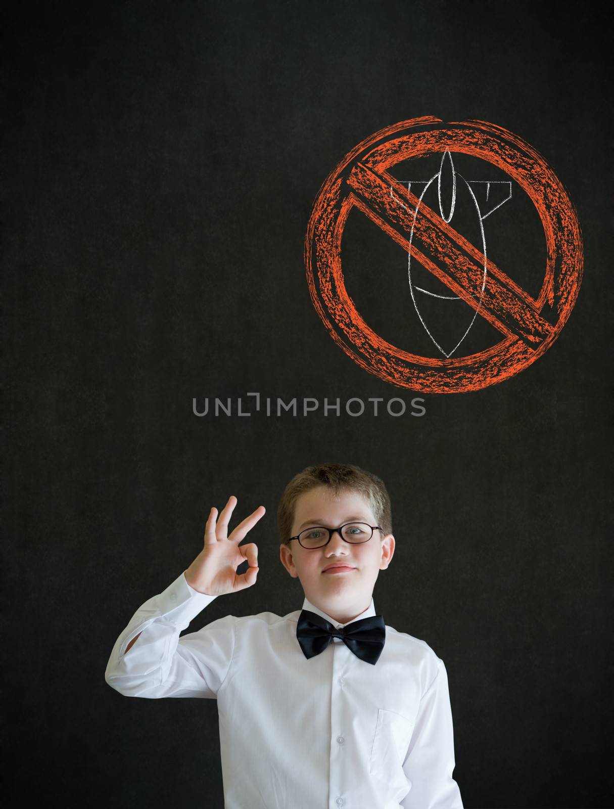 All ok or okay sign boy dressed up as business man with politician no bombs war pacifist sign on blackboard background