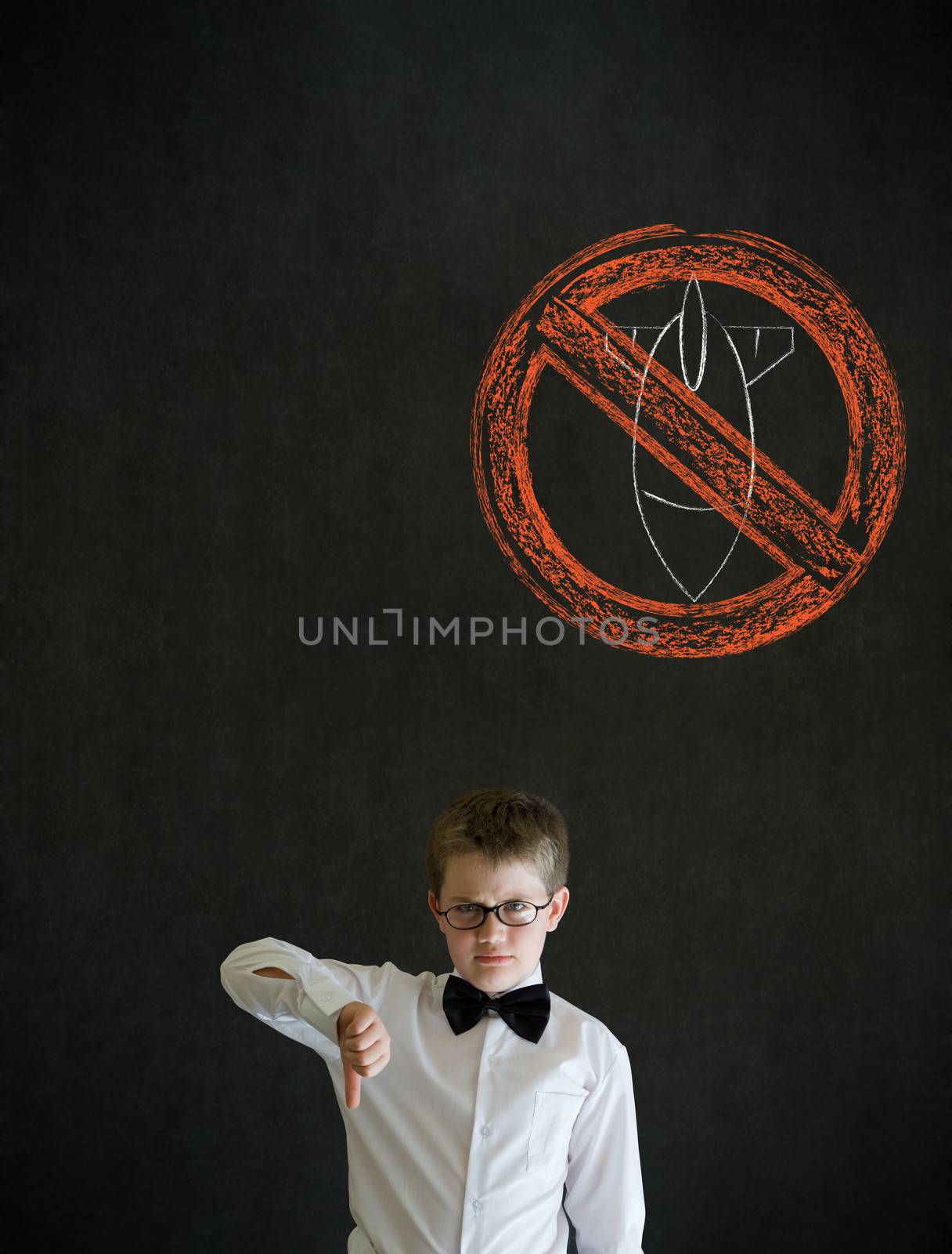 Thumbs down boy dressed up as business man with politician no bombs war pacifist sign on blackboard background